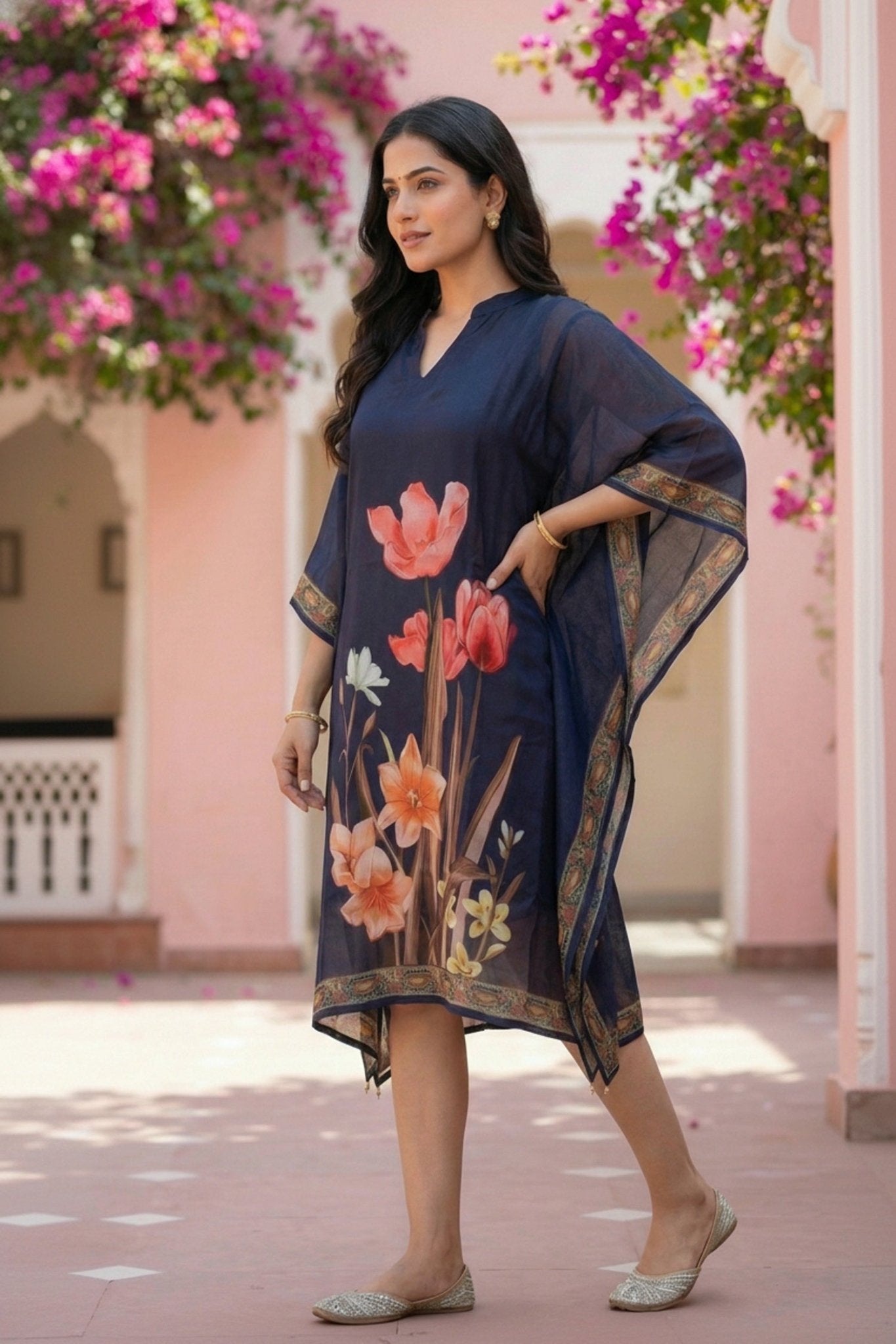 Navy Blue Floral Printed Chinon Short Kaftan - Freyaa USA & Canada