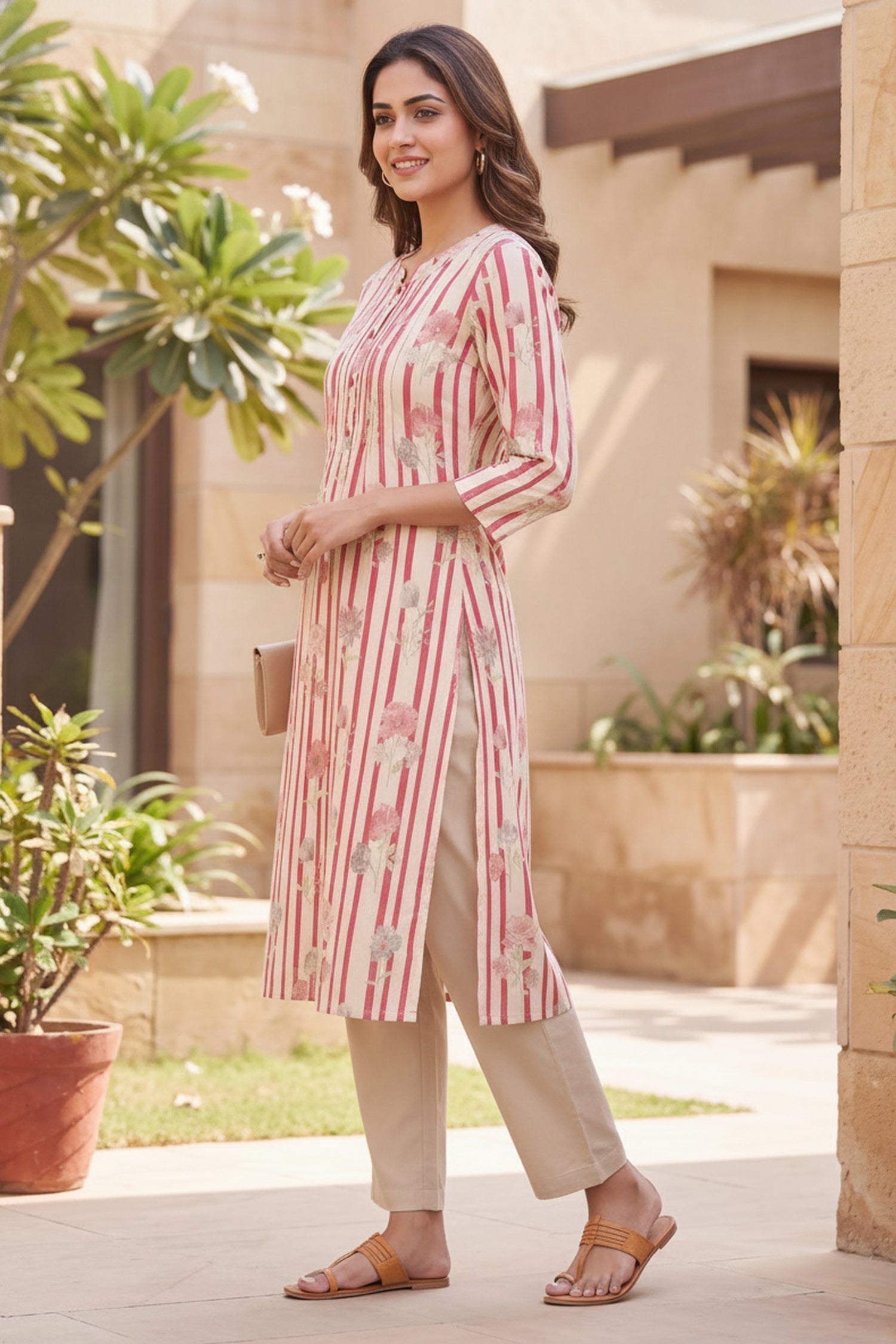 Pink & White Striped Straight Kurta Cotton Co-Ord Set