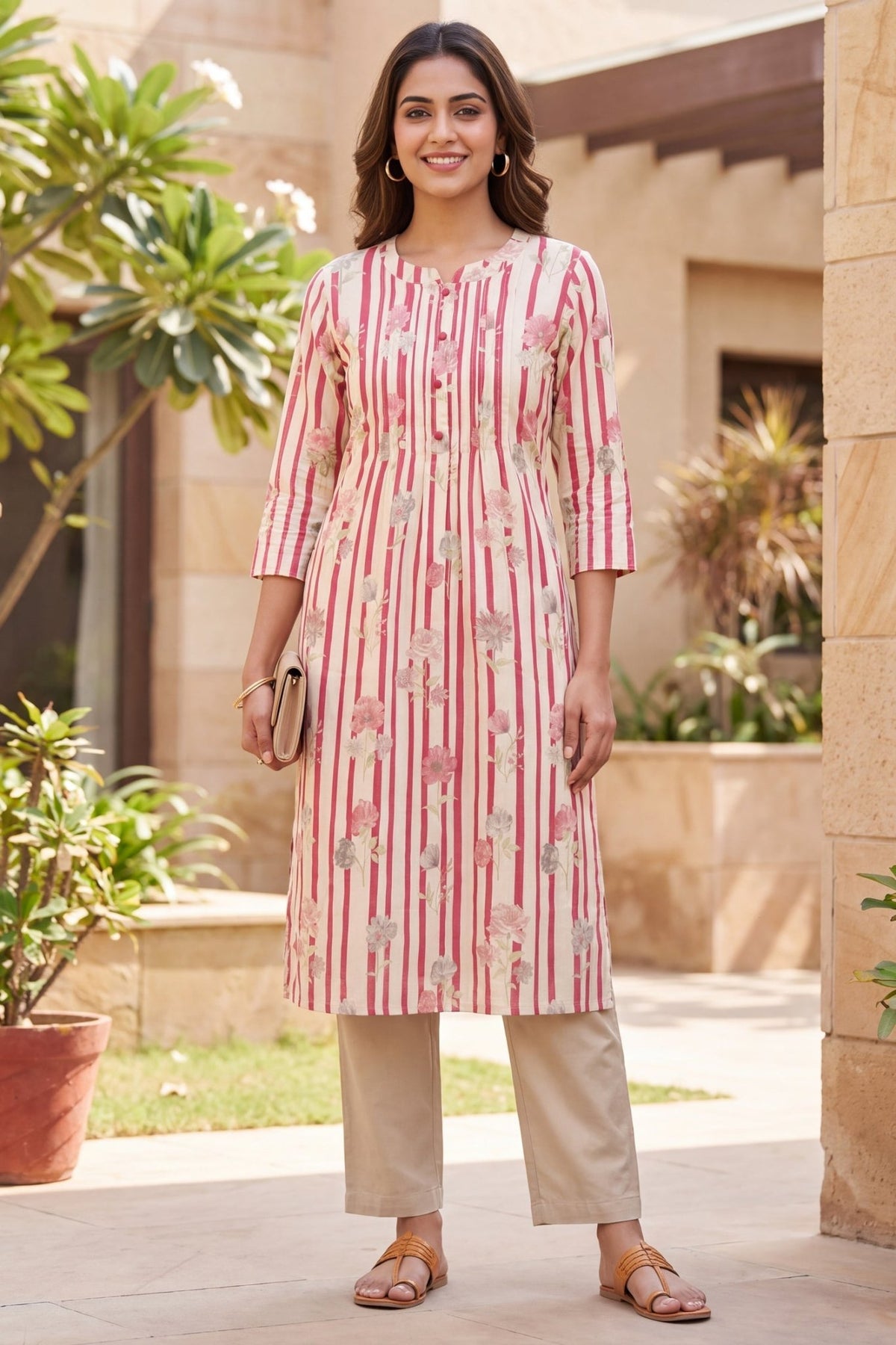 Pink & White Striped Straight Kurta Cotton Co-Ord Set - Freyaa