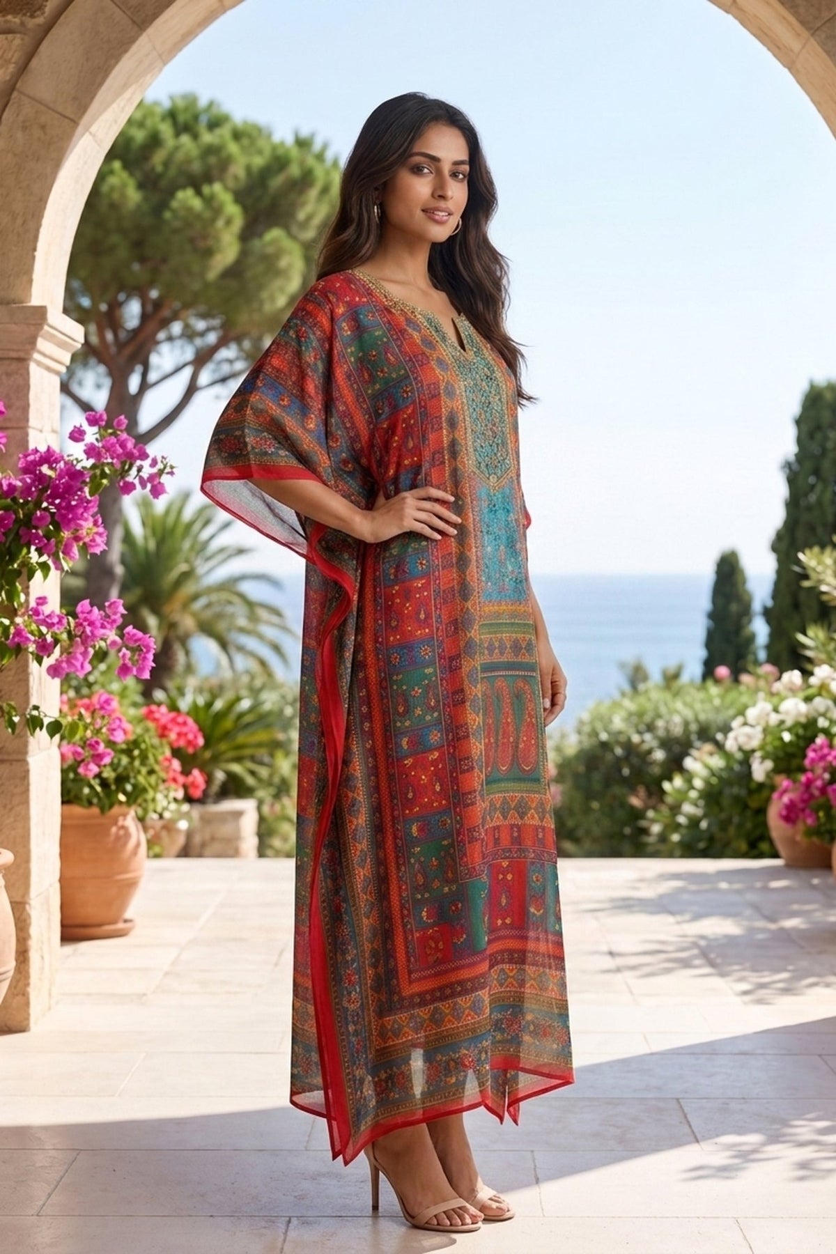 Multicolor Printed Long Kaftan Dress - Freyaa USA & Canada
