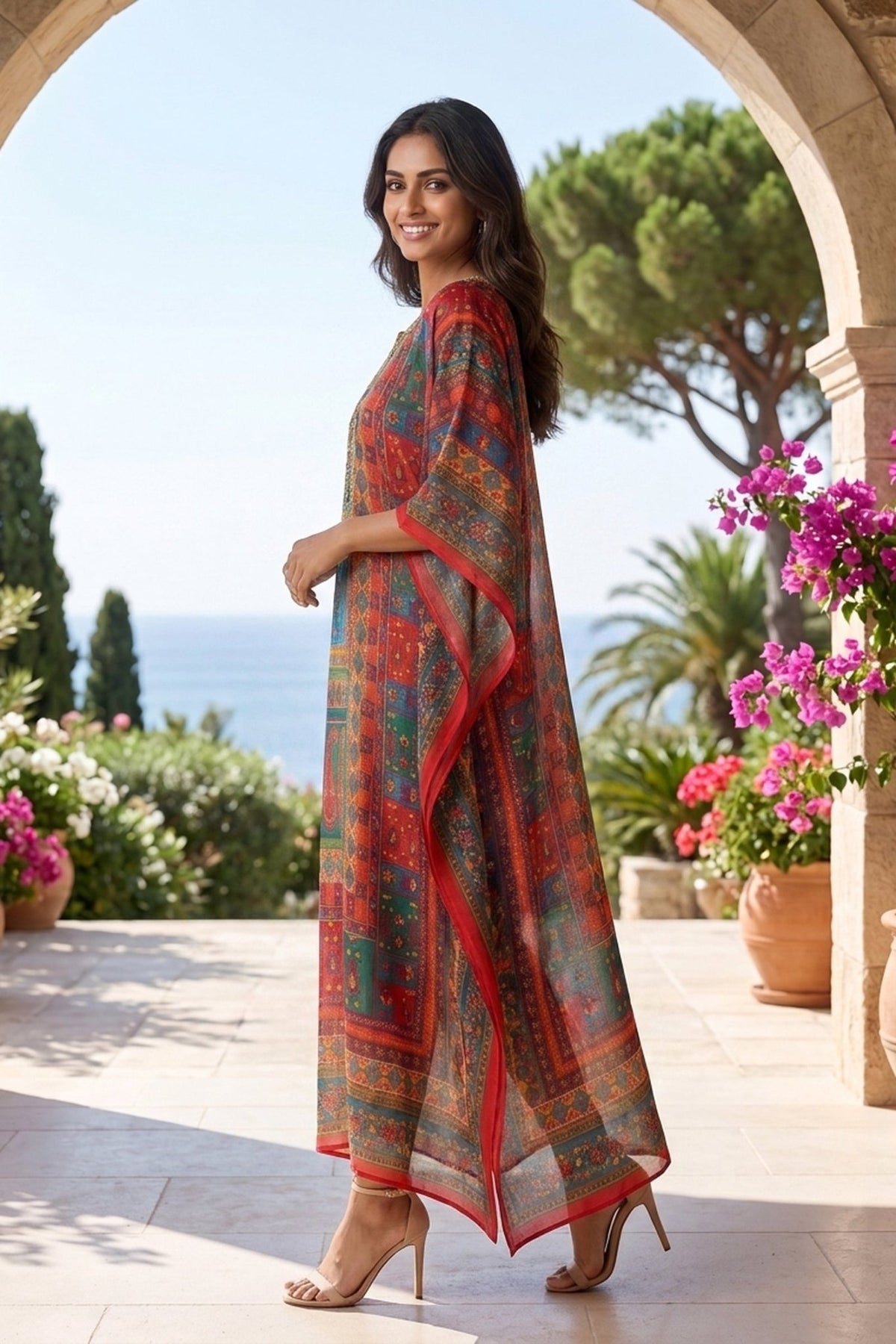 Multicolor Printed Long Kaftan Dress - Freyaa USA & Canada