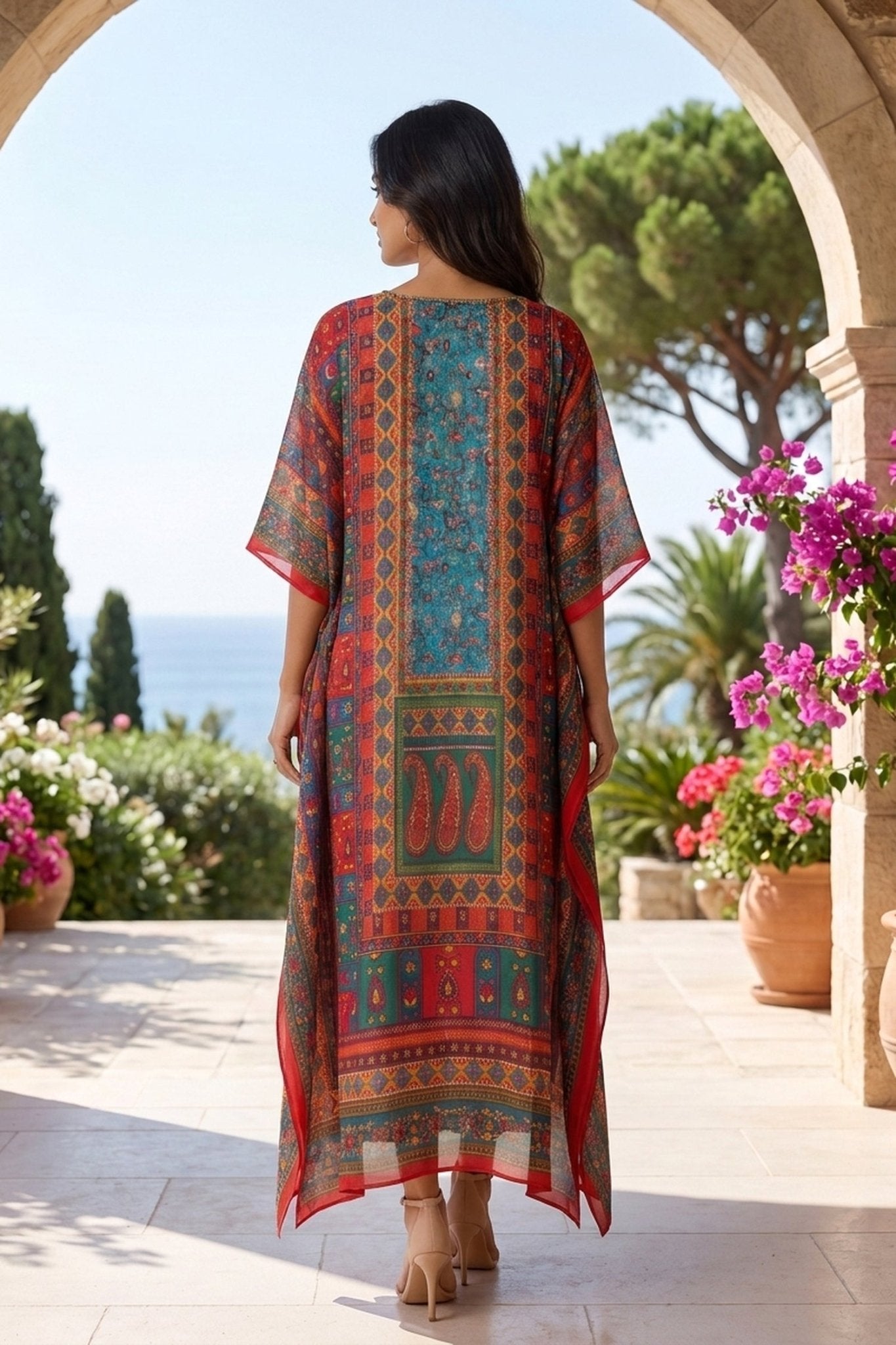 Multicolor Printed Long Kaftan Dress - Freyaa USA & Canada