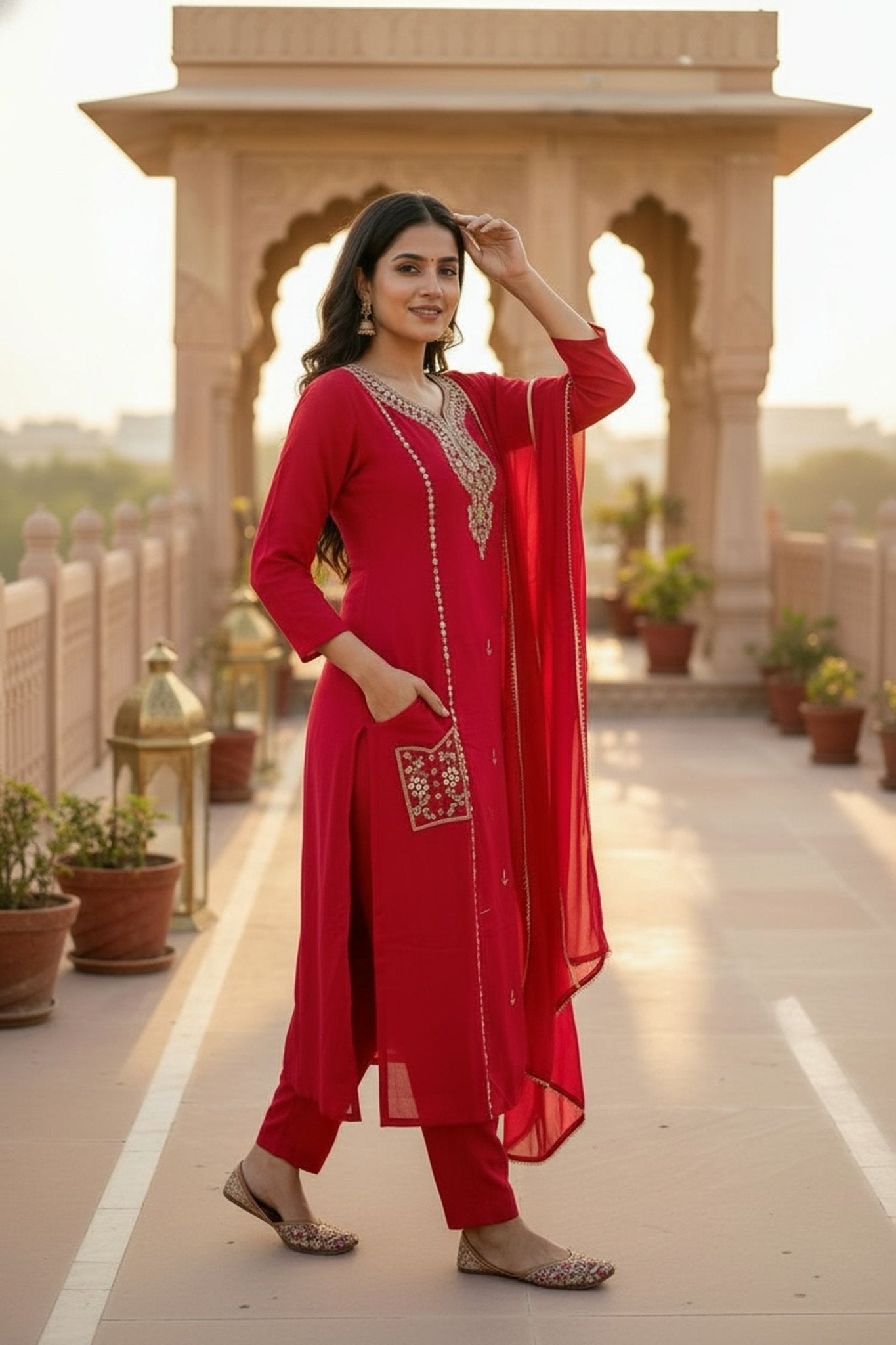 Royal Rani Red Three-Piece Set with Intricate Neck Embroidery - Freyaa USA & Canada