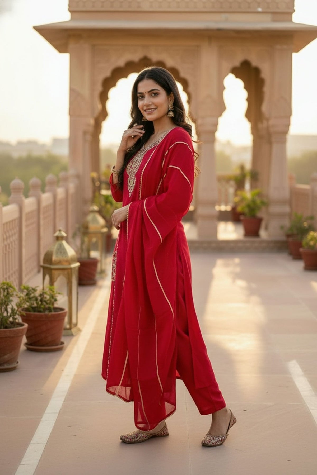 Royal Rani Red Three-Piece Set with Intricate Neck Embroidery - Freyaa USA & Canada