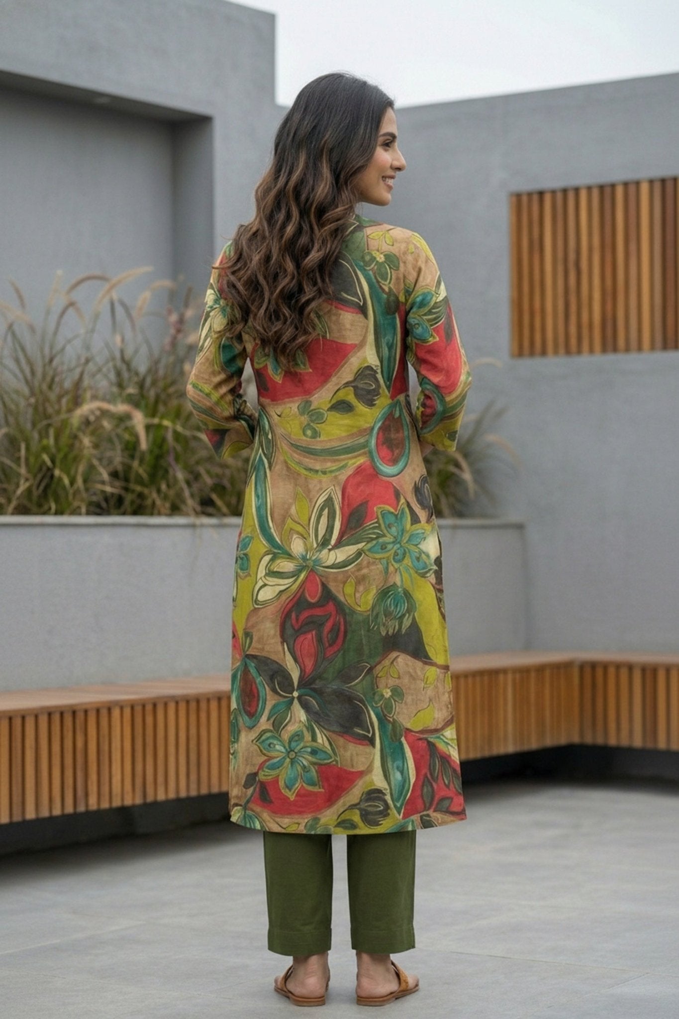 Vibrant Green Artistic Design Cotton Long Kurti - Freyaa USA & Canada