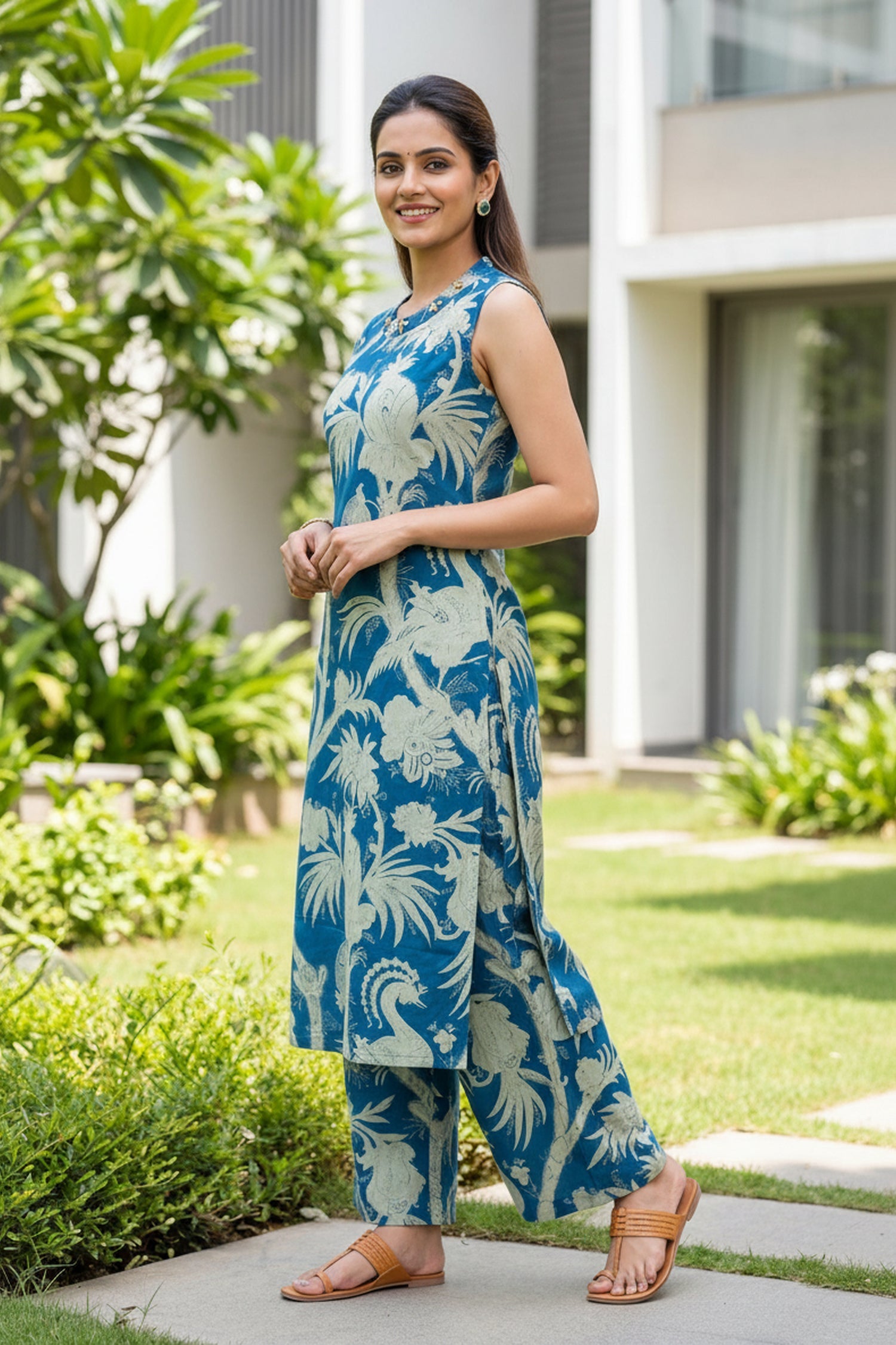 Blue Floral Printed Kurta Palazzo Co-Ord Set