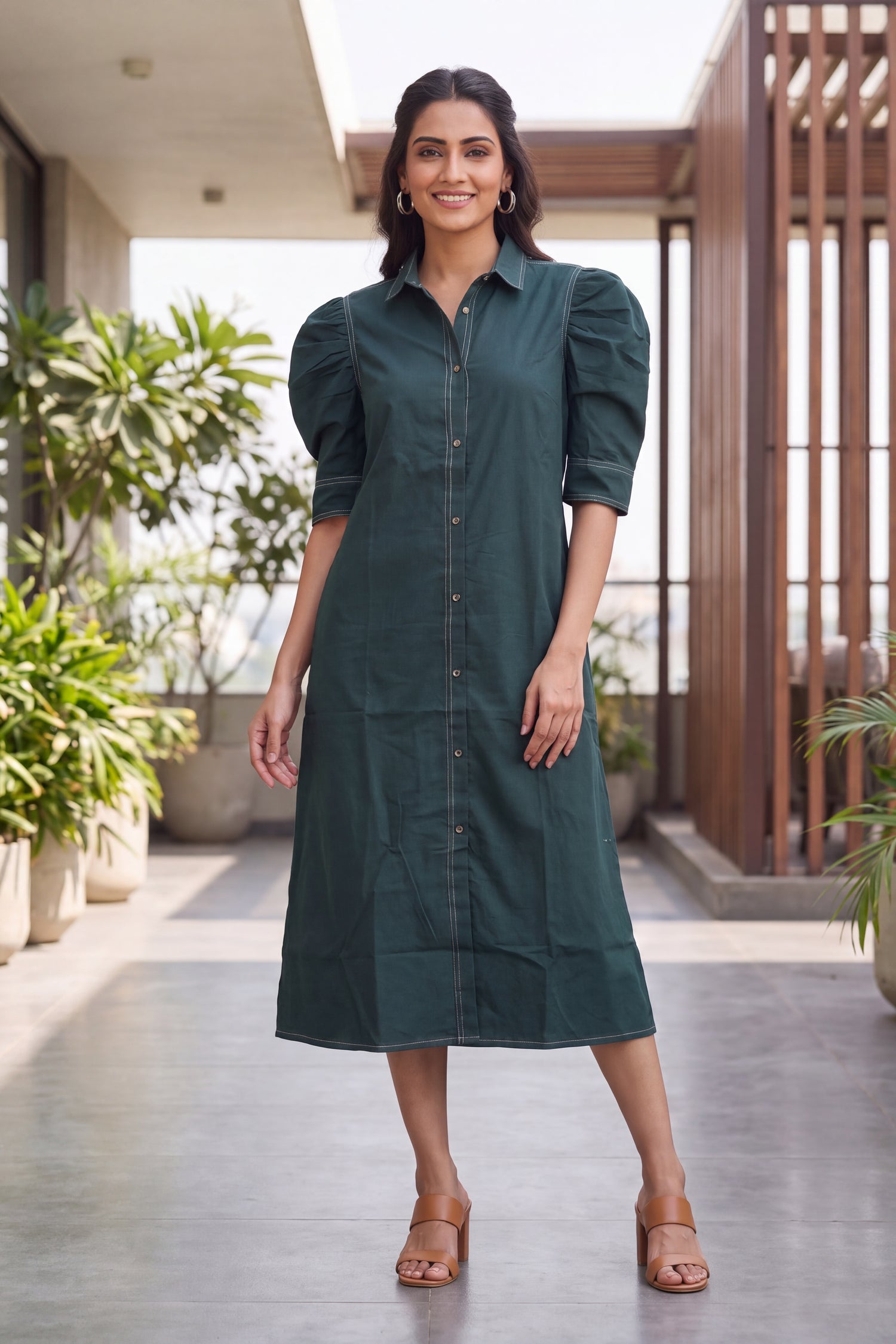 Forest Green Puff-Sleeve Shirt Dress