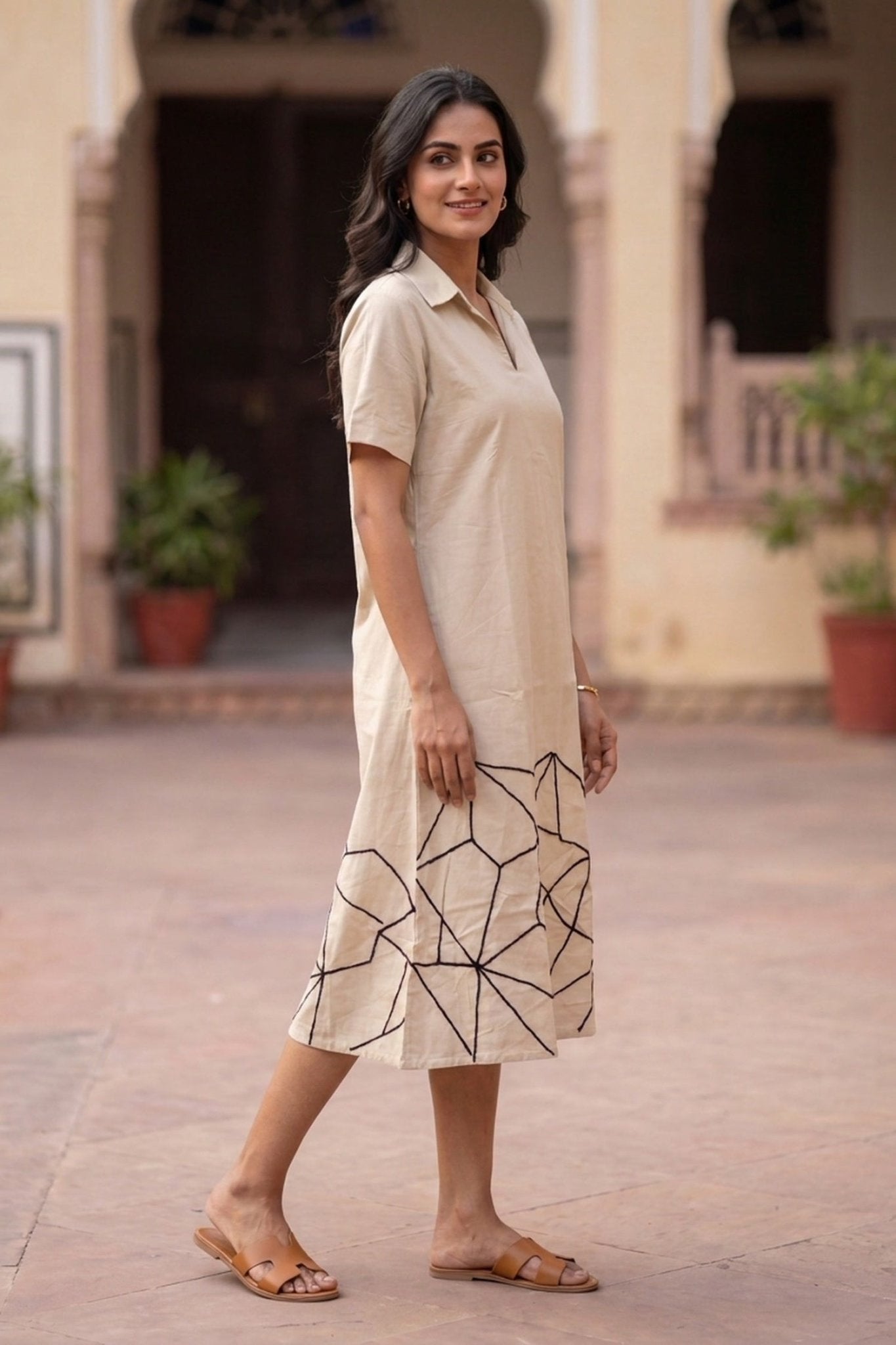 Natural Cotton Flex Midi Dress with Abstract Embroidered Hem - Freyaa USA & Canada