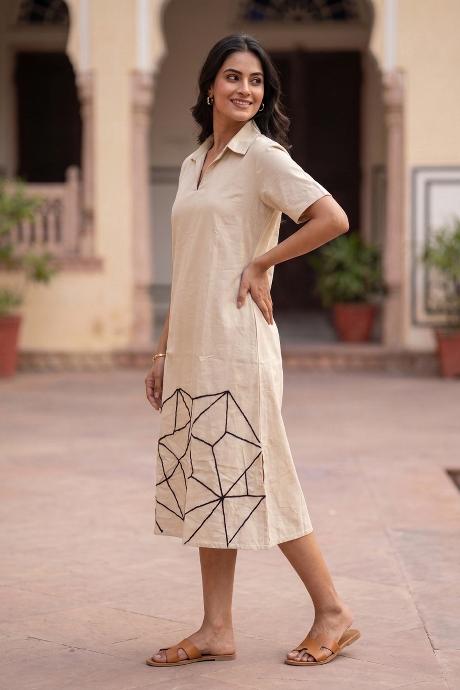 Natural Cotton Flex Midi Dress with Abstract Embroidered Hem