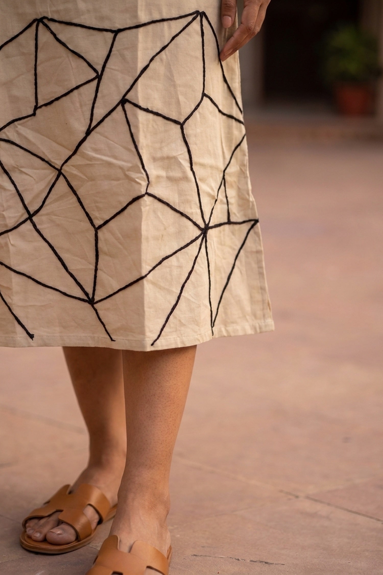 Natural Cotton Flex Midi Dress with Abstract Embroidered Hem