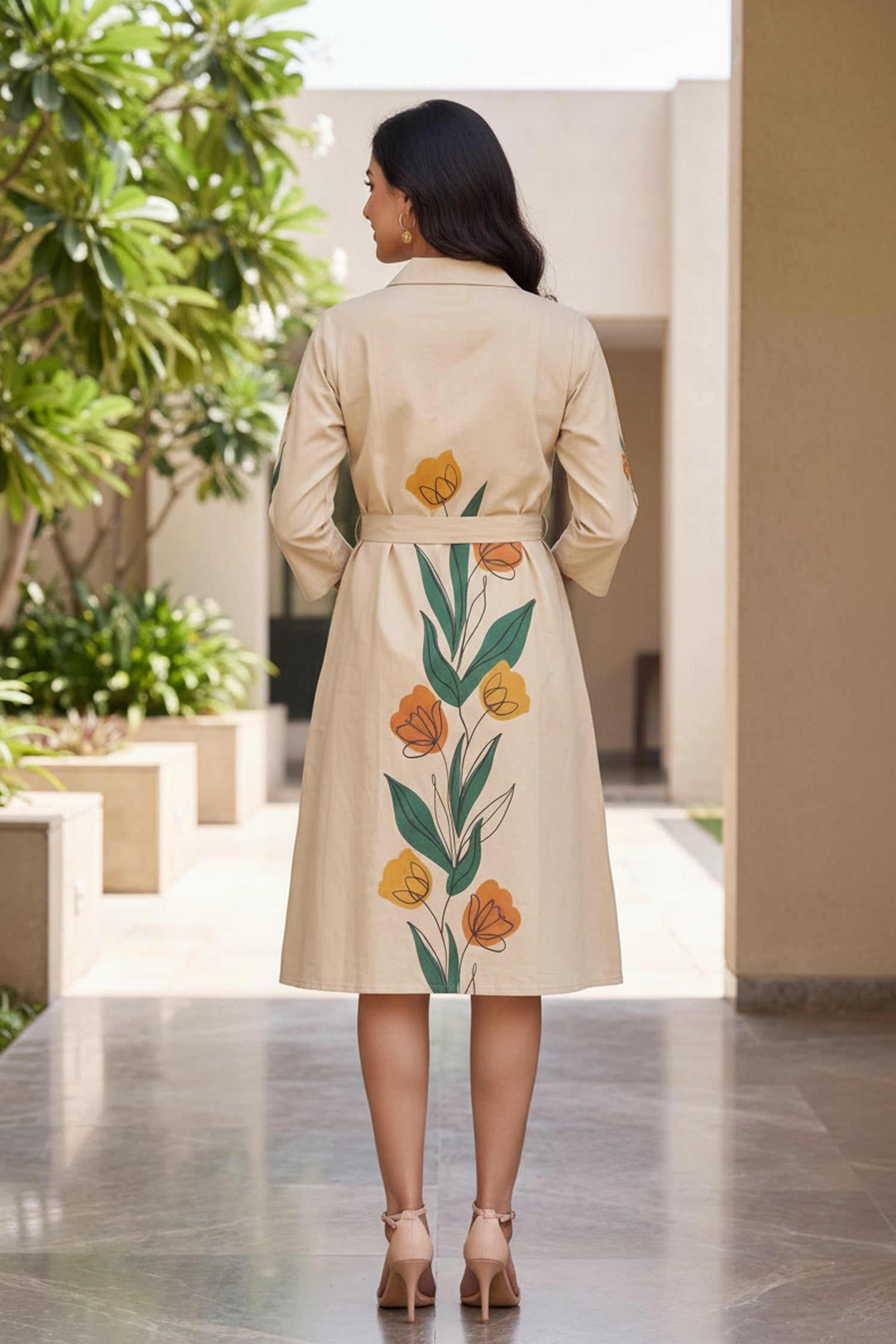 Beige Hand Painted Floral Cotton Midi Dress With Waist Tie-Up.
