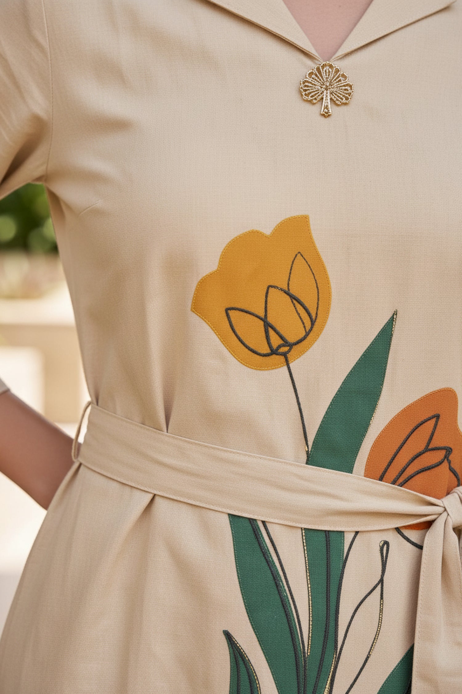 Beige Hand Painted Floral Cotton Midi Dress With Waist Tie-Up.