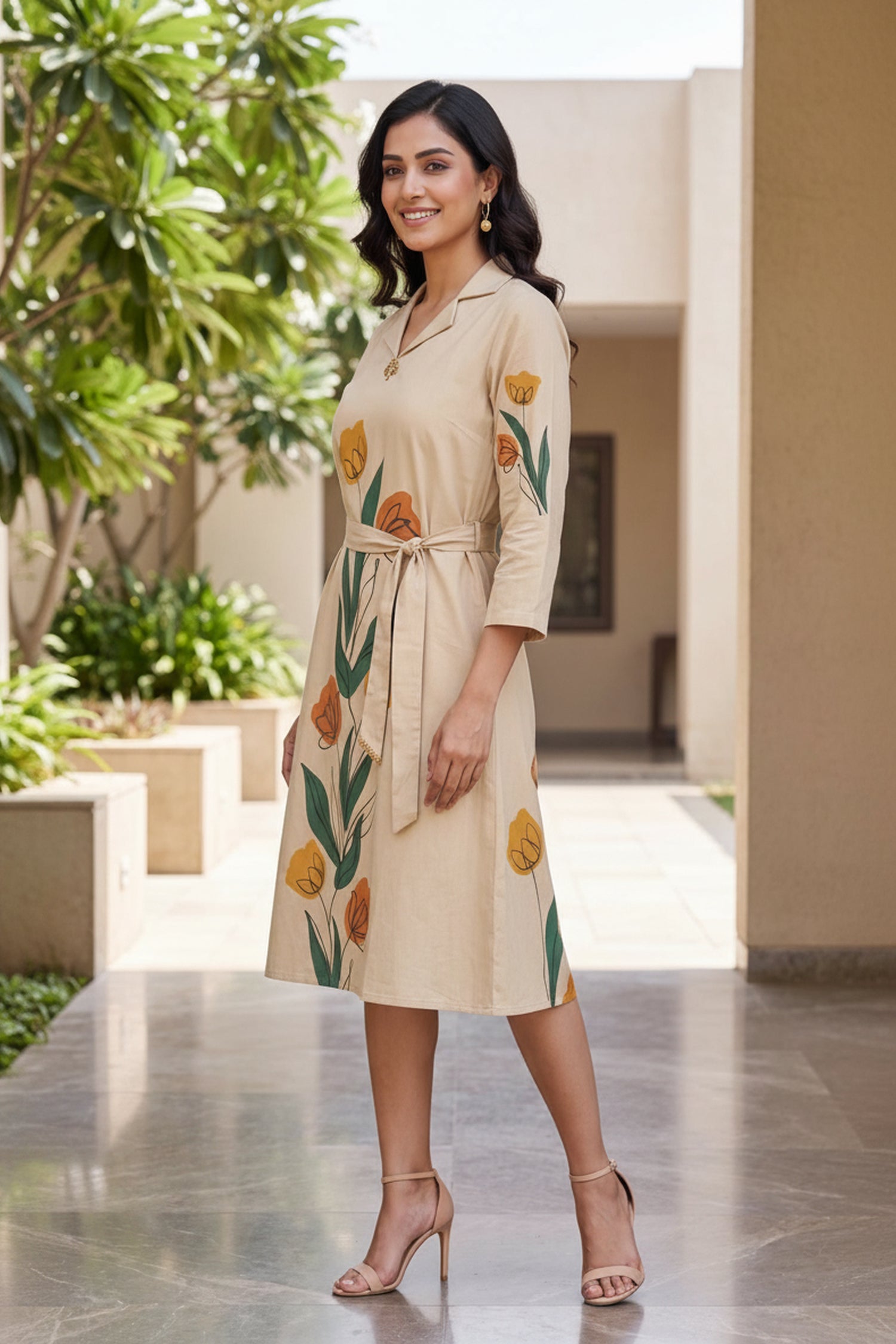 Beige Hand Painted Floral Cotton Midi Dress With Waist Tie-Up.