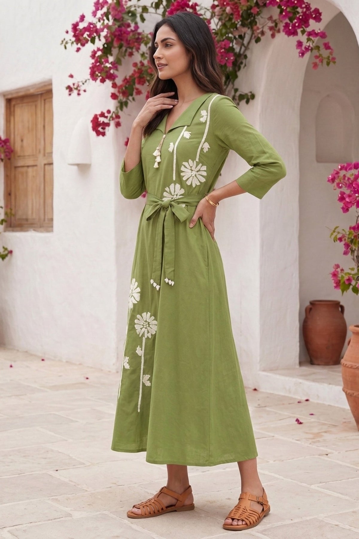 Green Floral Printed Midi Dress with Waist Tie-Up - Freyaa USA & Canada