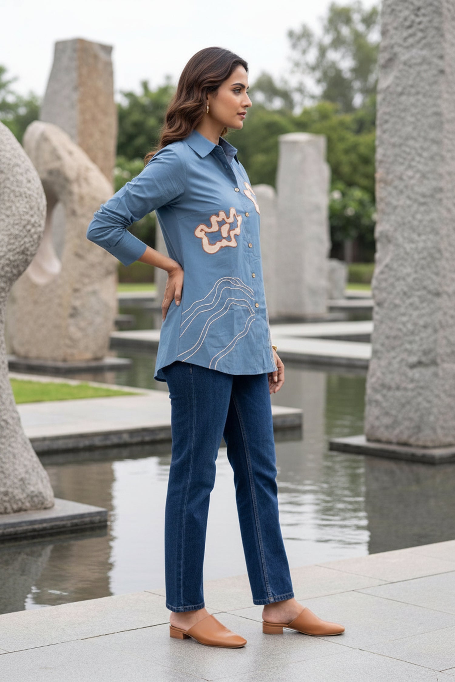 Regular Fit Cotton Embroidered Blue Shirt