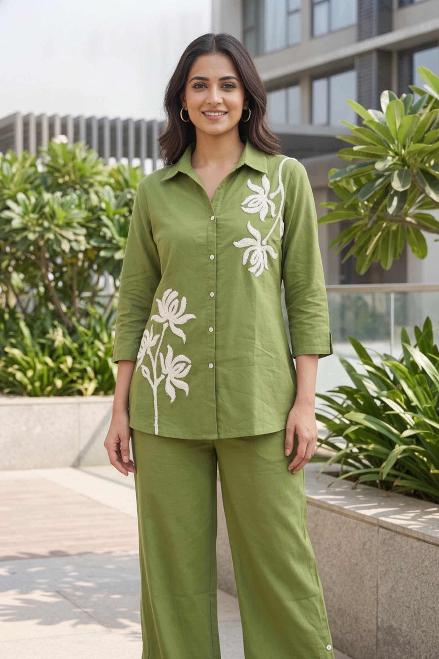 Sage Green Cotton Flex Embroidered Cord Set