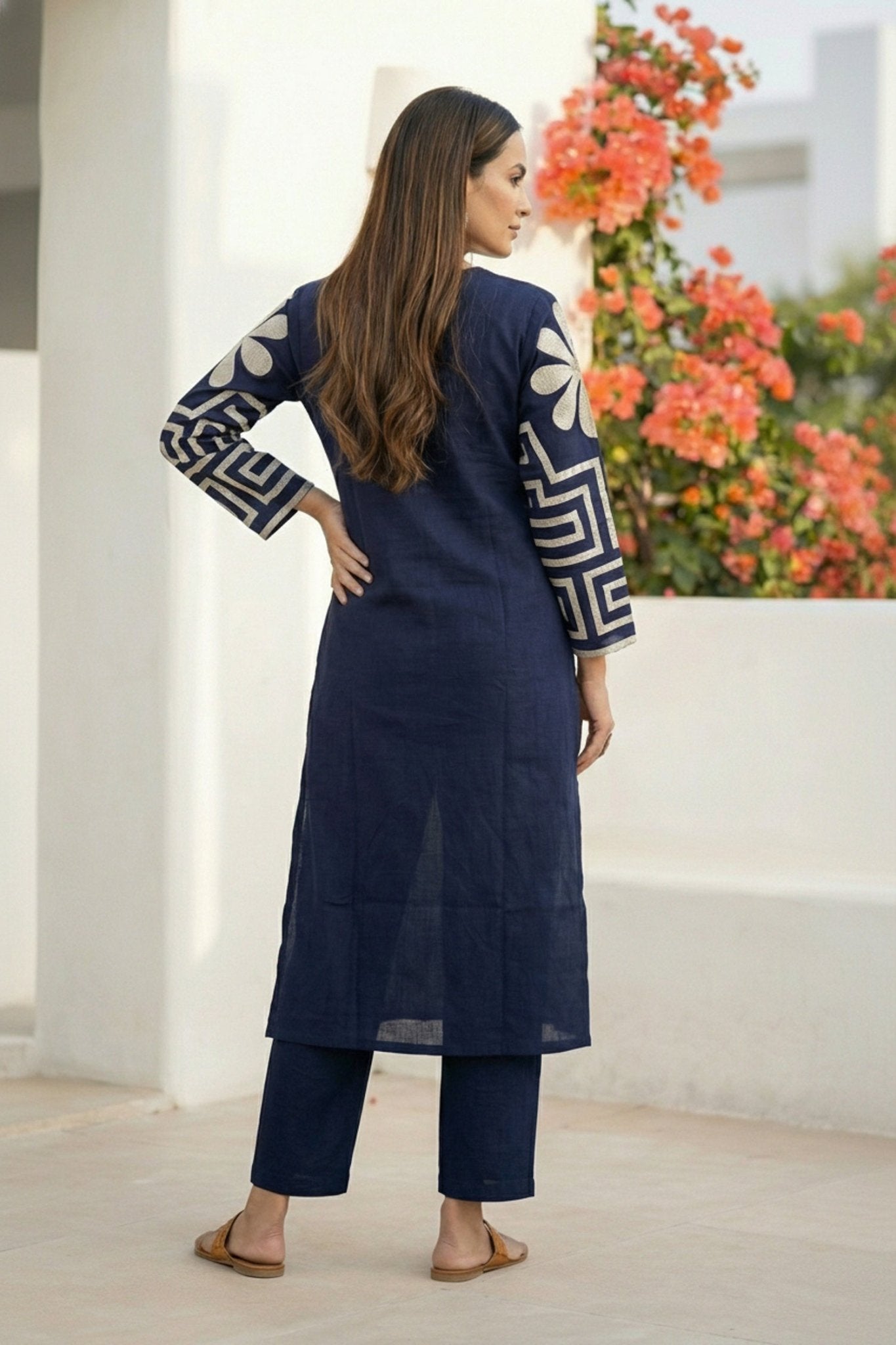 Navy Blue Co-ord Set with Embroidered Sleeves - Freyaa USA & Canada