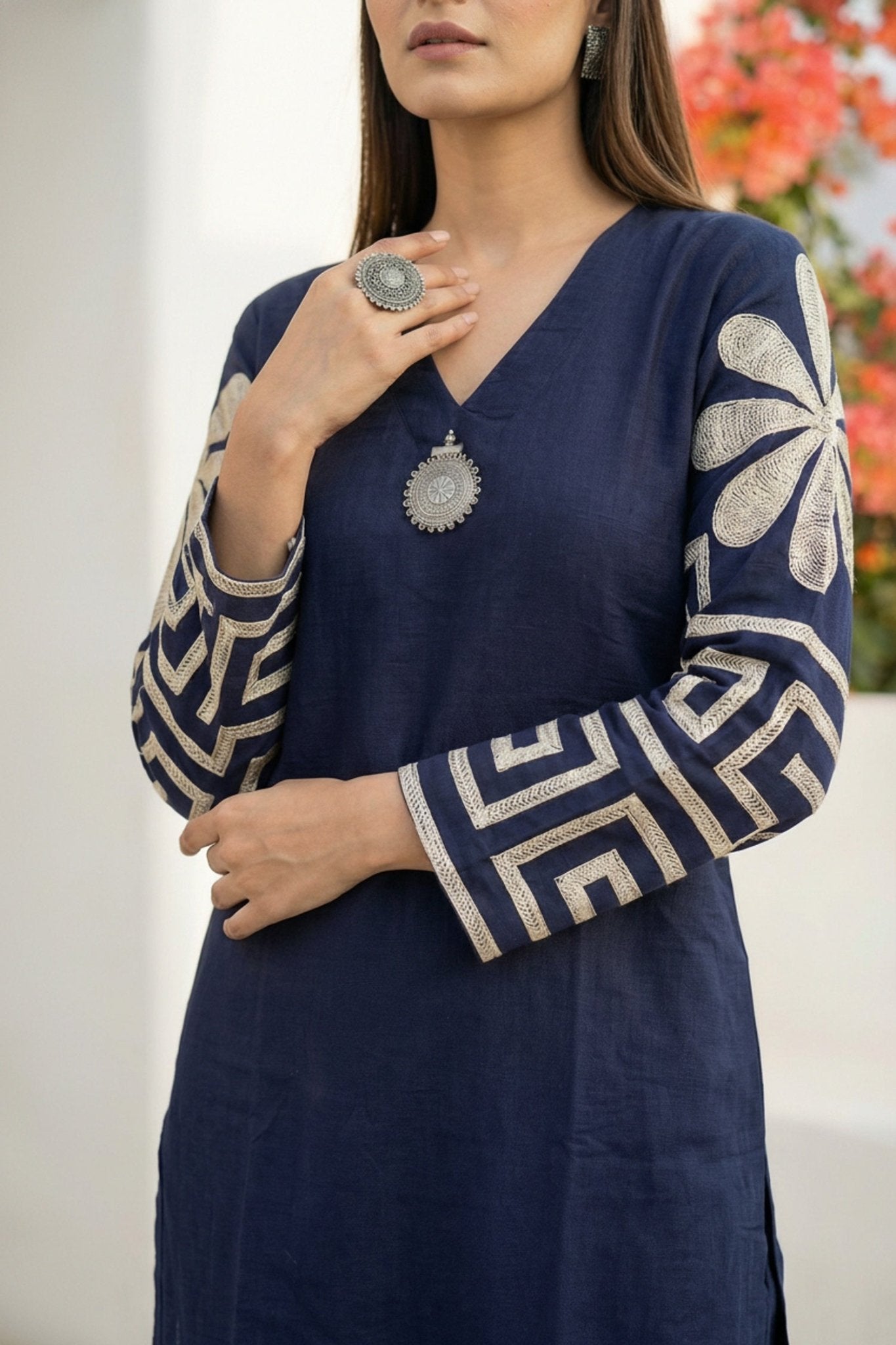 Navy Blue Co-ord Set with Embroidered Sleeves - Freyaa USA & Canada