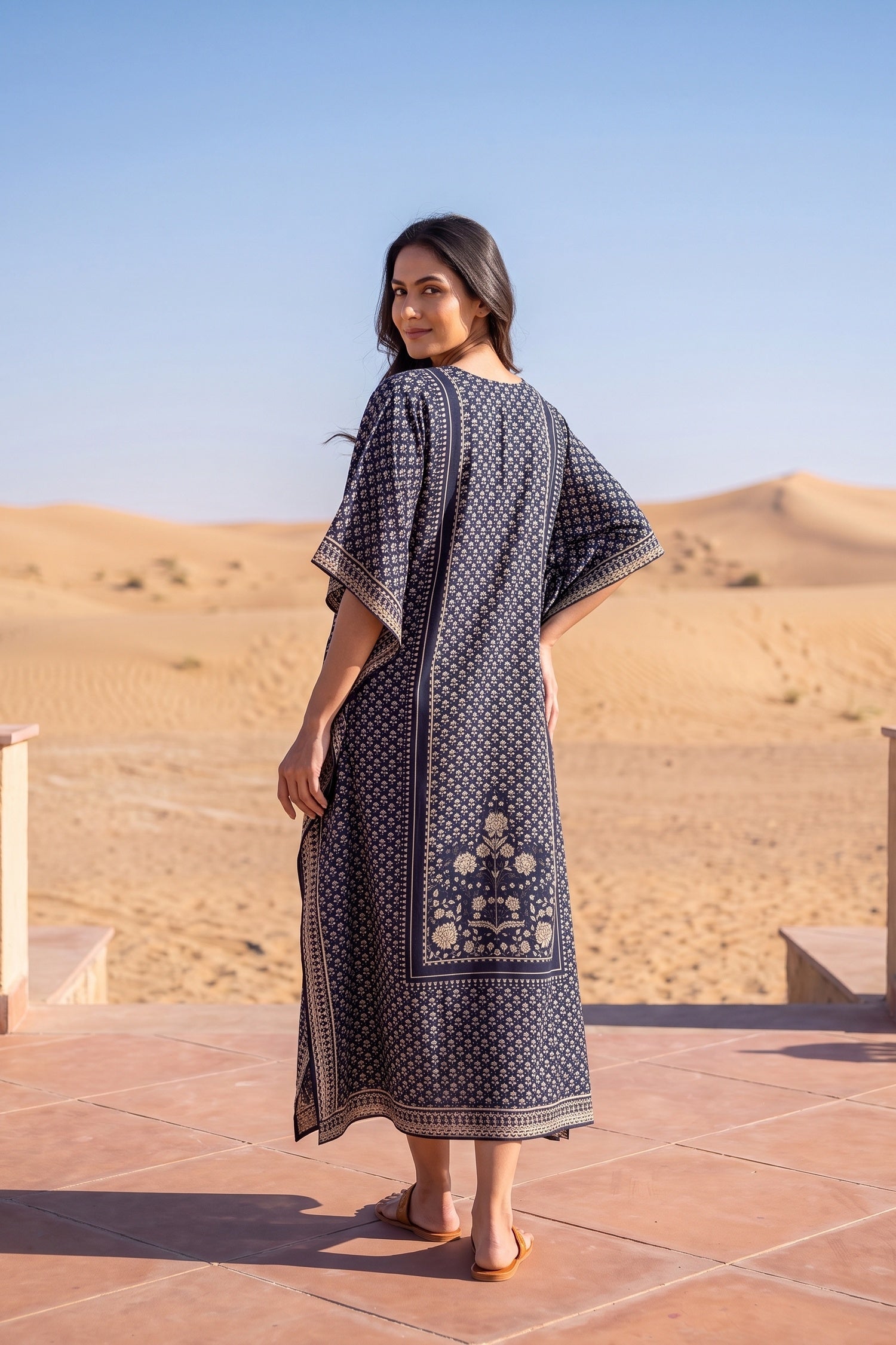 Dark Persian Blue Printed Long Kaftan