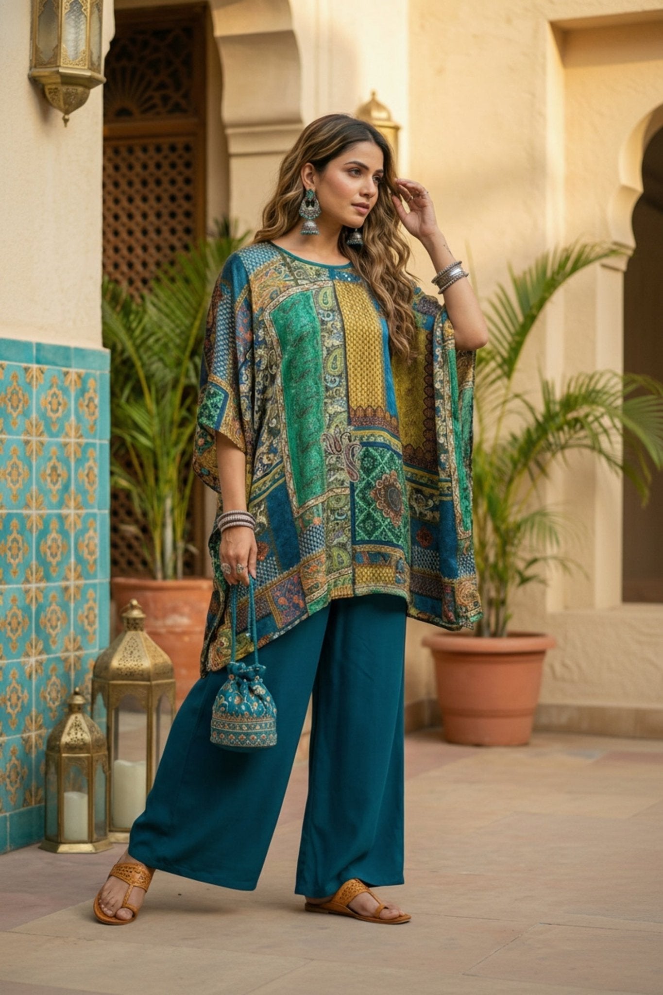 Peacock Blue Printed Kaftan - Freyaa USA & Canada