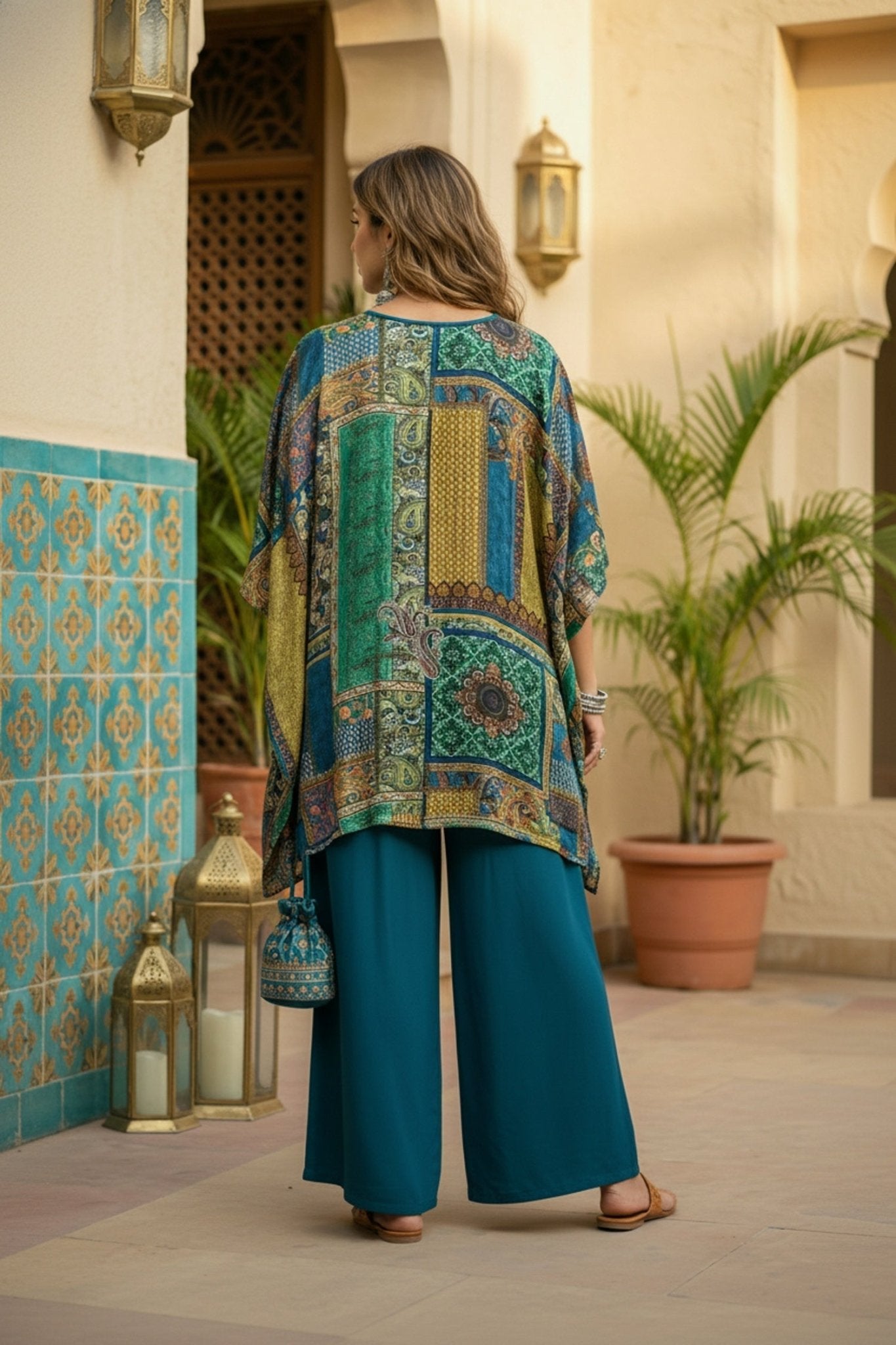 Peacock Blue Printed Kaftan - Freyaa USA & Canada