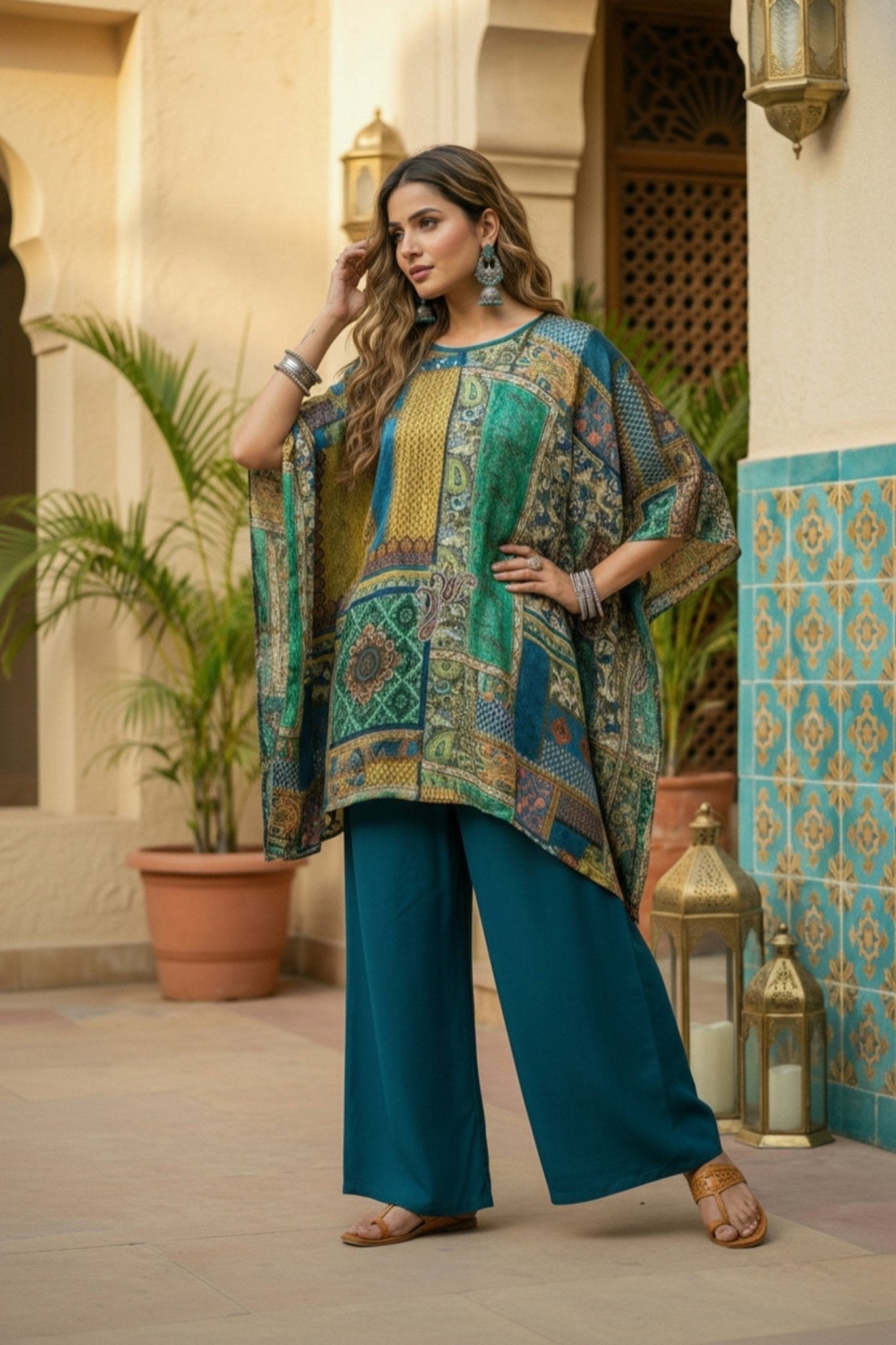 Peacock Blue Printed Kaftan - Freyaa USA & Canada