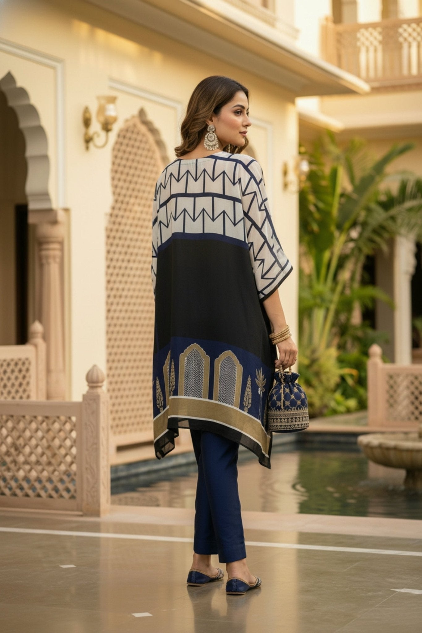 Navy Blue Printed Kaftan with Embroidered Neck - Freyaa USA & Canada