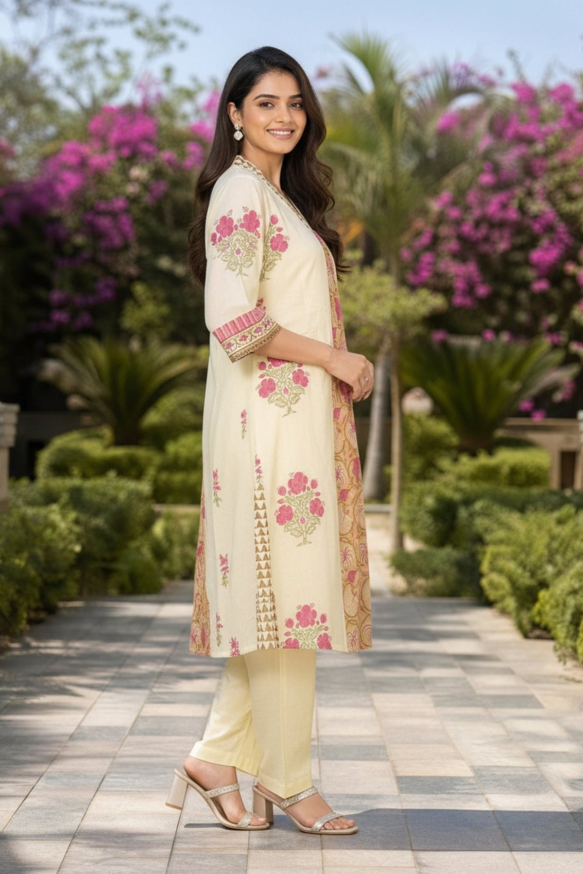 Off-White Floral Printed A-Line Kurta Co-Ord Set - Freyaa