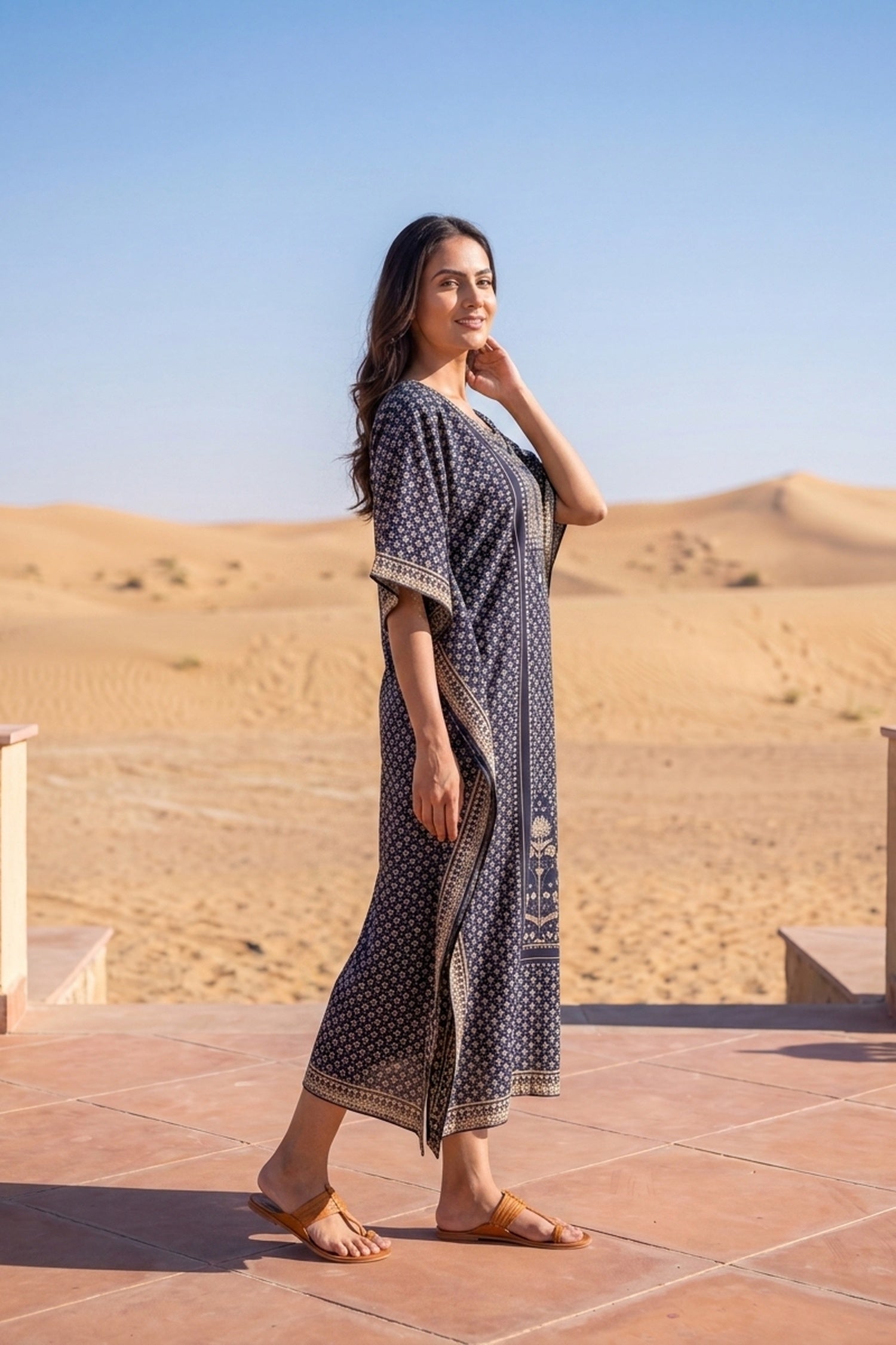 Dark Persian Blue Printed Long Kaftan