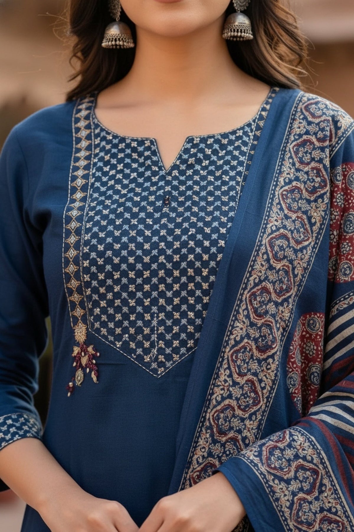 Blue Cotton Three-Piece Set with Printed Yoke Design - Freyaa USA & Canada