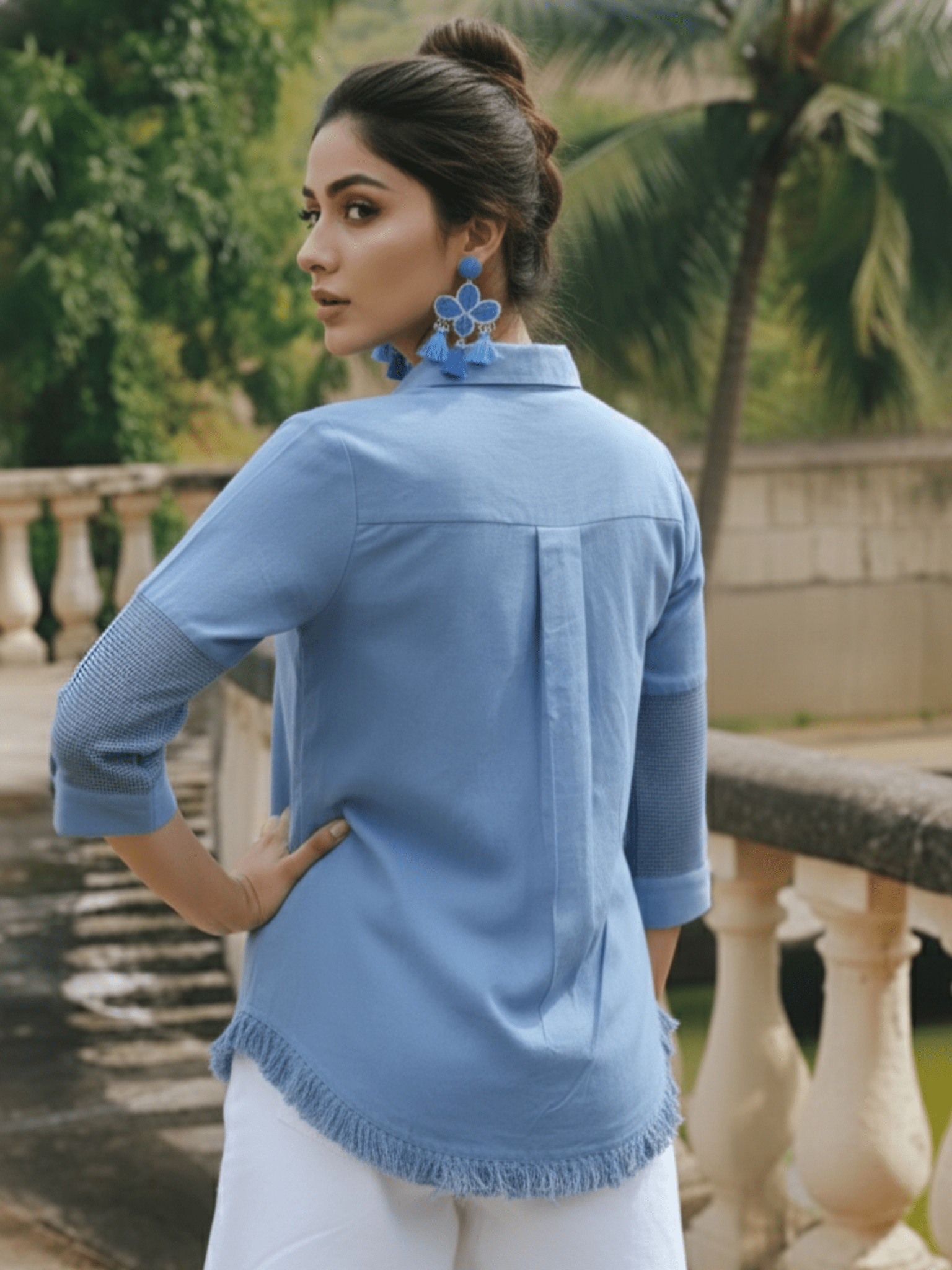 Blue Embroidered Love Shirt with Fringe Hem - Freyaa USA & Canada