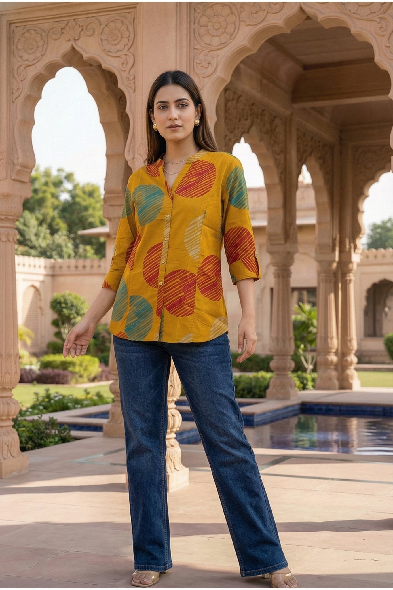 Yellow Cotton Top with Geometric Print - Freyaa USA & Canada