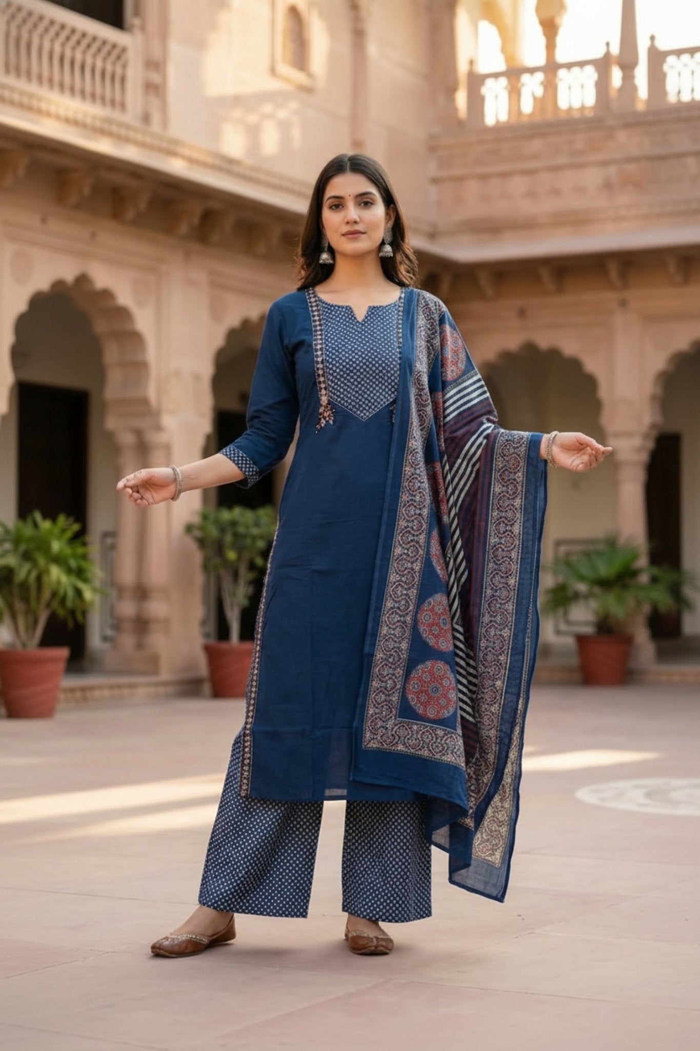 Blue Cotton Three-Piece Set with Printed Yoke Design - Freyaa USA & Canada