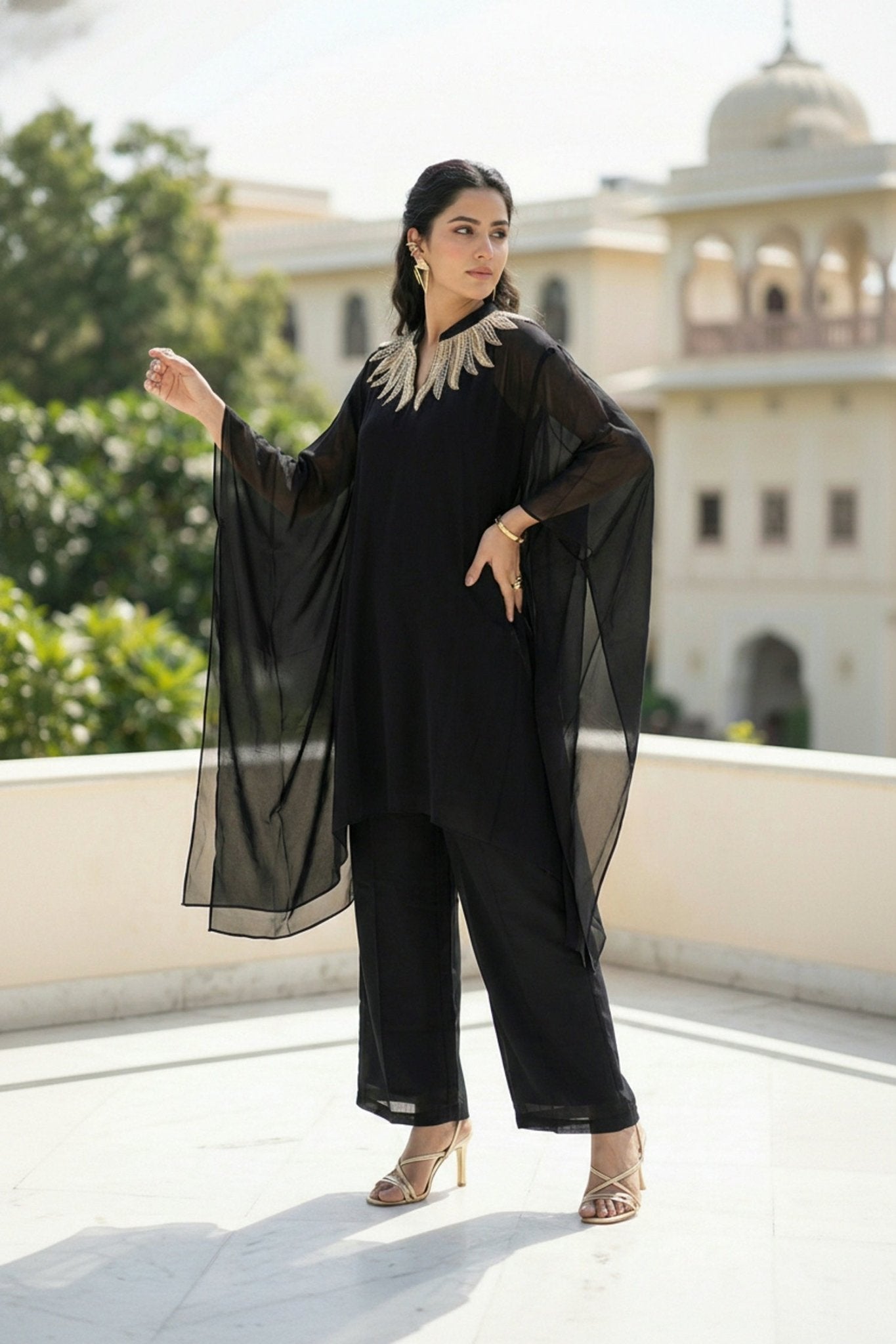 Black Grace Embroidered Neck Co-ord Set - Freyaa USA & Canada