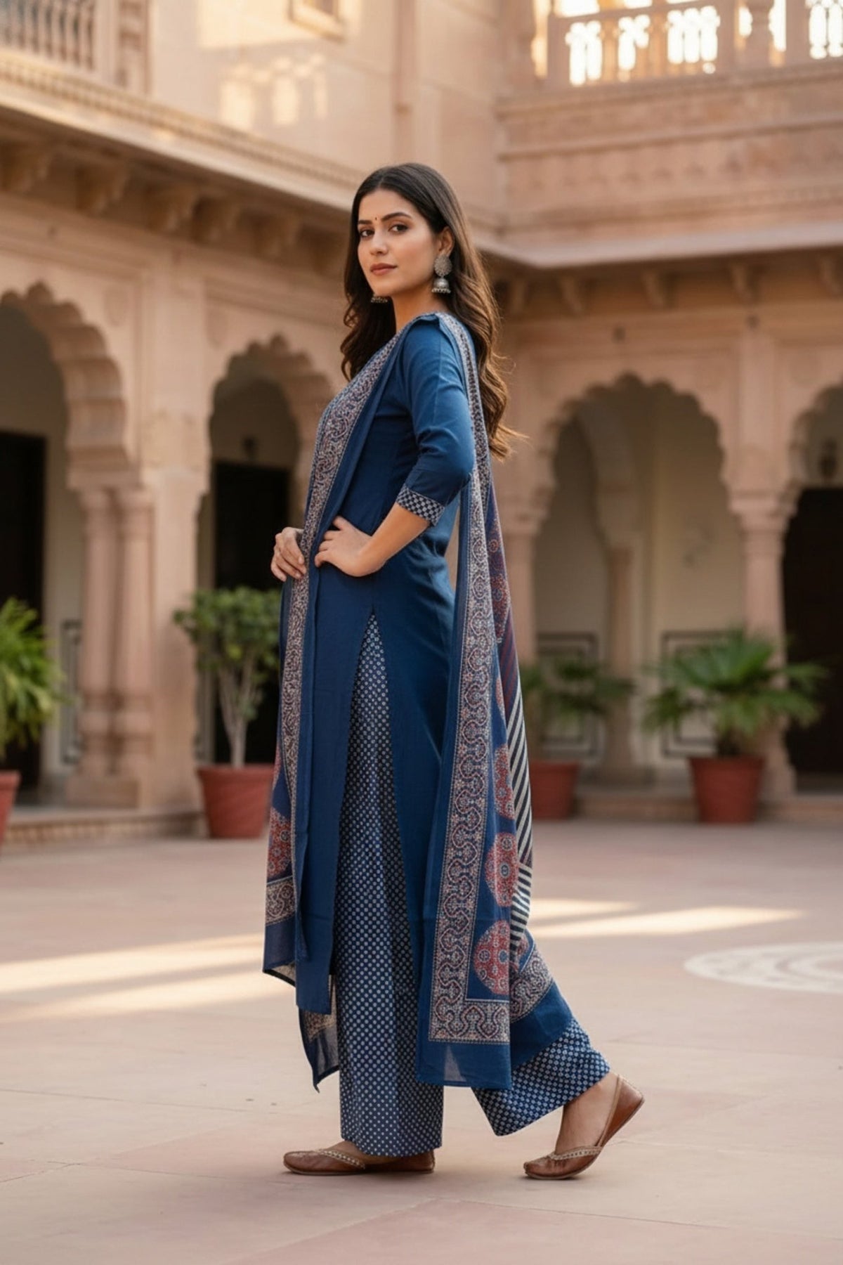 Blue Cotton Three-Piece Set with Printed Yoke Design - Freyaa USA & Canada