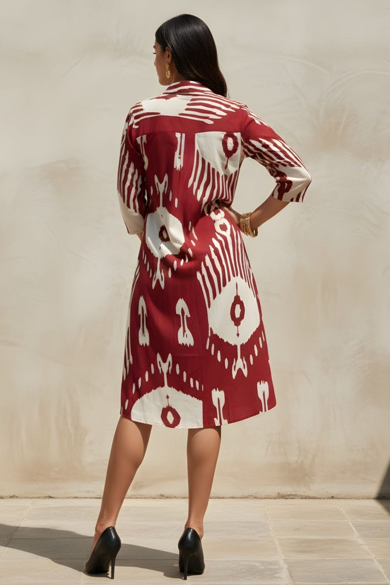 Abstract Printed Maroon Red Shirt Midi Dress - Freyaa USA & Canada