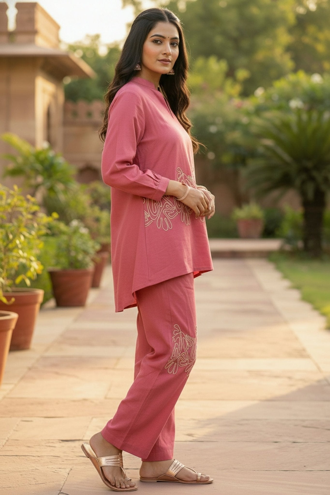 Elegant Pink Cordset Featuring Subtle Embroidery - Freyaa USA & Canada