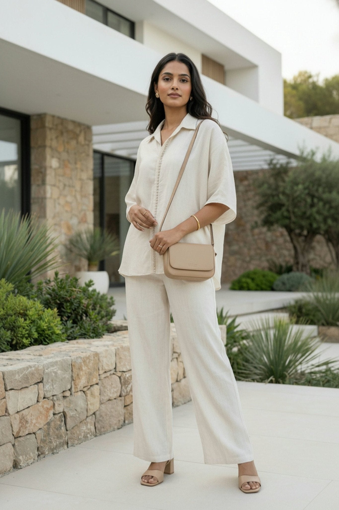 Cream Classic Solid Shirt Style Cord Set - Freyaa USA & Canada