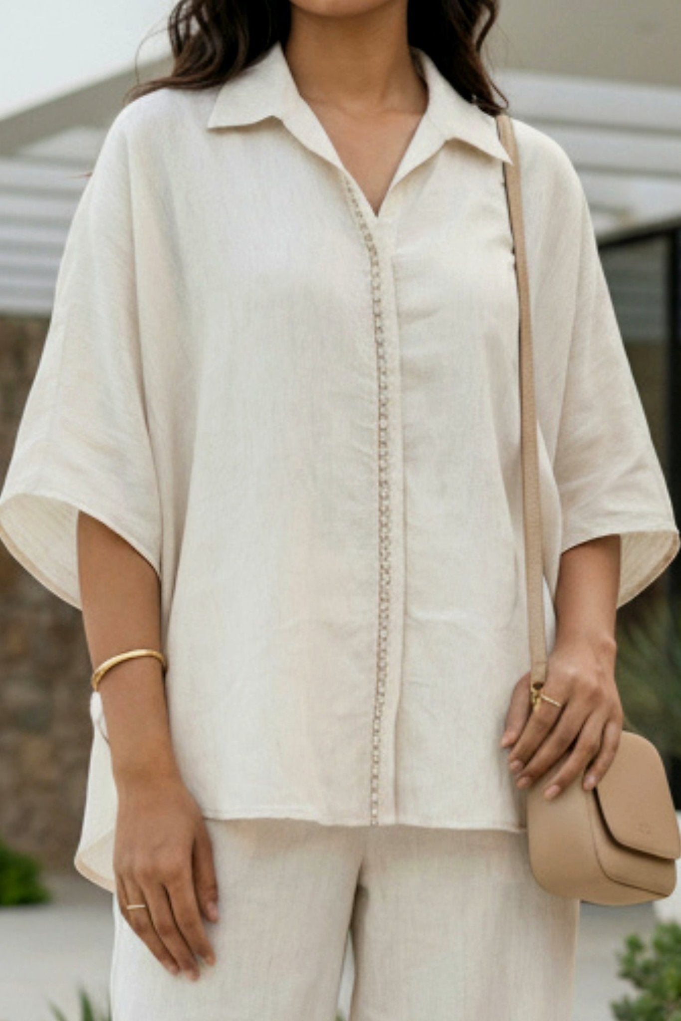 Cream Classic Solid Shirt Style Cord Set - Freyaa USA & Canada