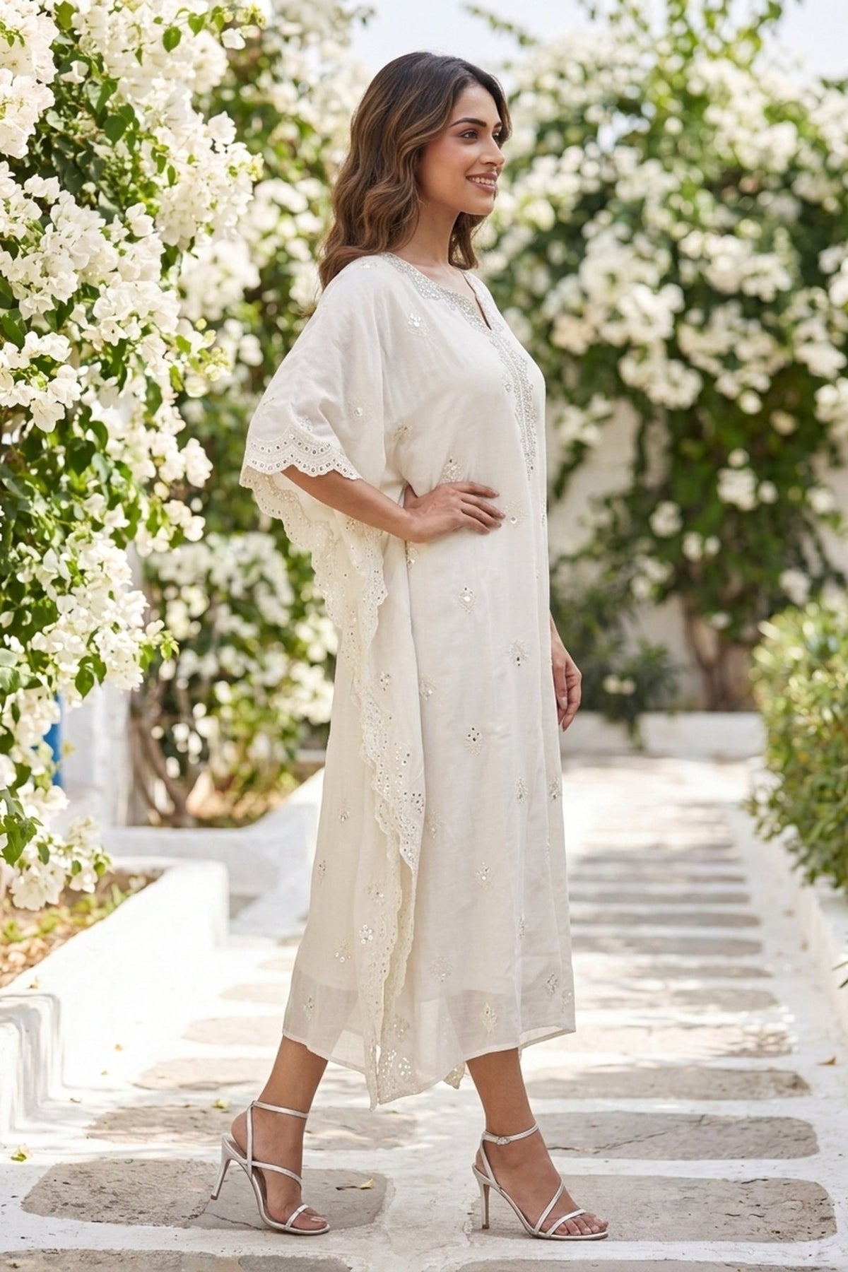 Silver Hand Embroidery White Kaftan - Freyaa USA & Canada