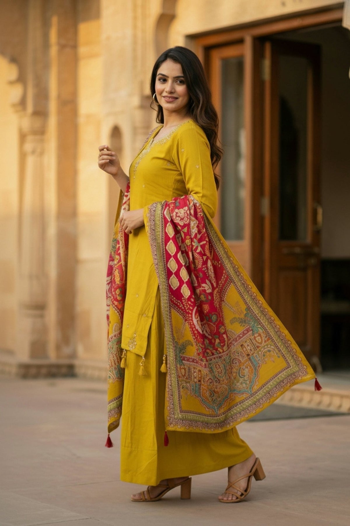 Mustard Three-Piece Set with Neck Detailing and Heavy Dupatta - Freyaa USA & Canada