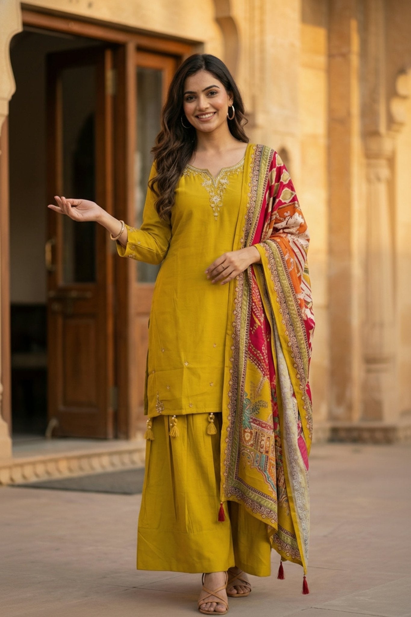 Mustard Three-Piece Set with Neck Detailing and Heavy Dupatta - Freyaa USA & Canada