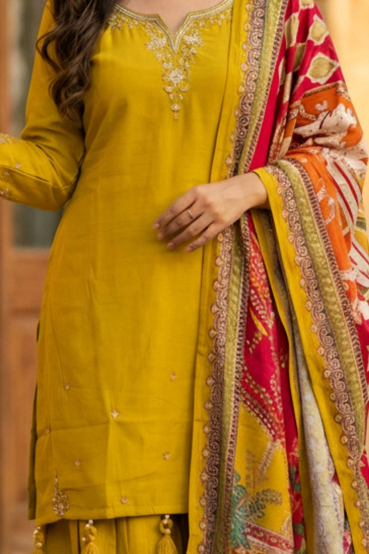 Mustard Three-Piece Set with Neck Detailing and Heavy Dupatta - Freyaa USA & Canada