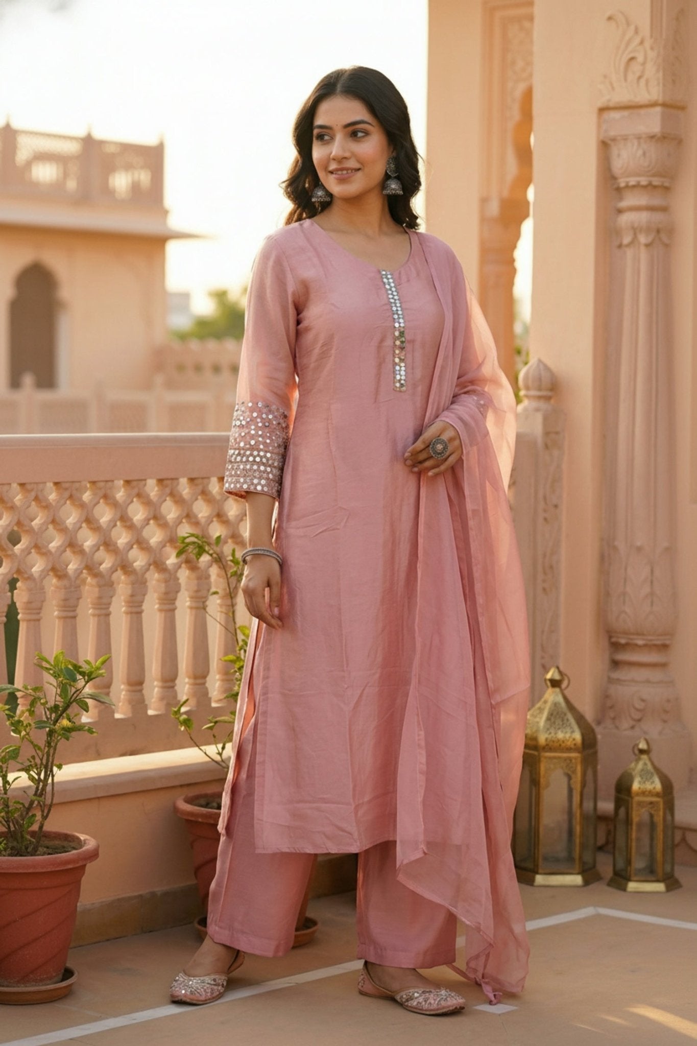 Pink Straight Cut Three-Piece Set with Embroidered Sleeves - Freyaa USA & Canada