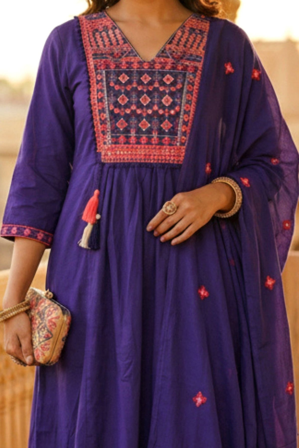 Purple Straight-Cut Three-Piece Set with Embroidery Work - Freyaa USA & Canada