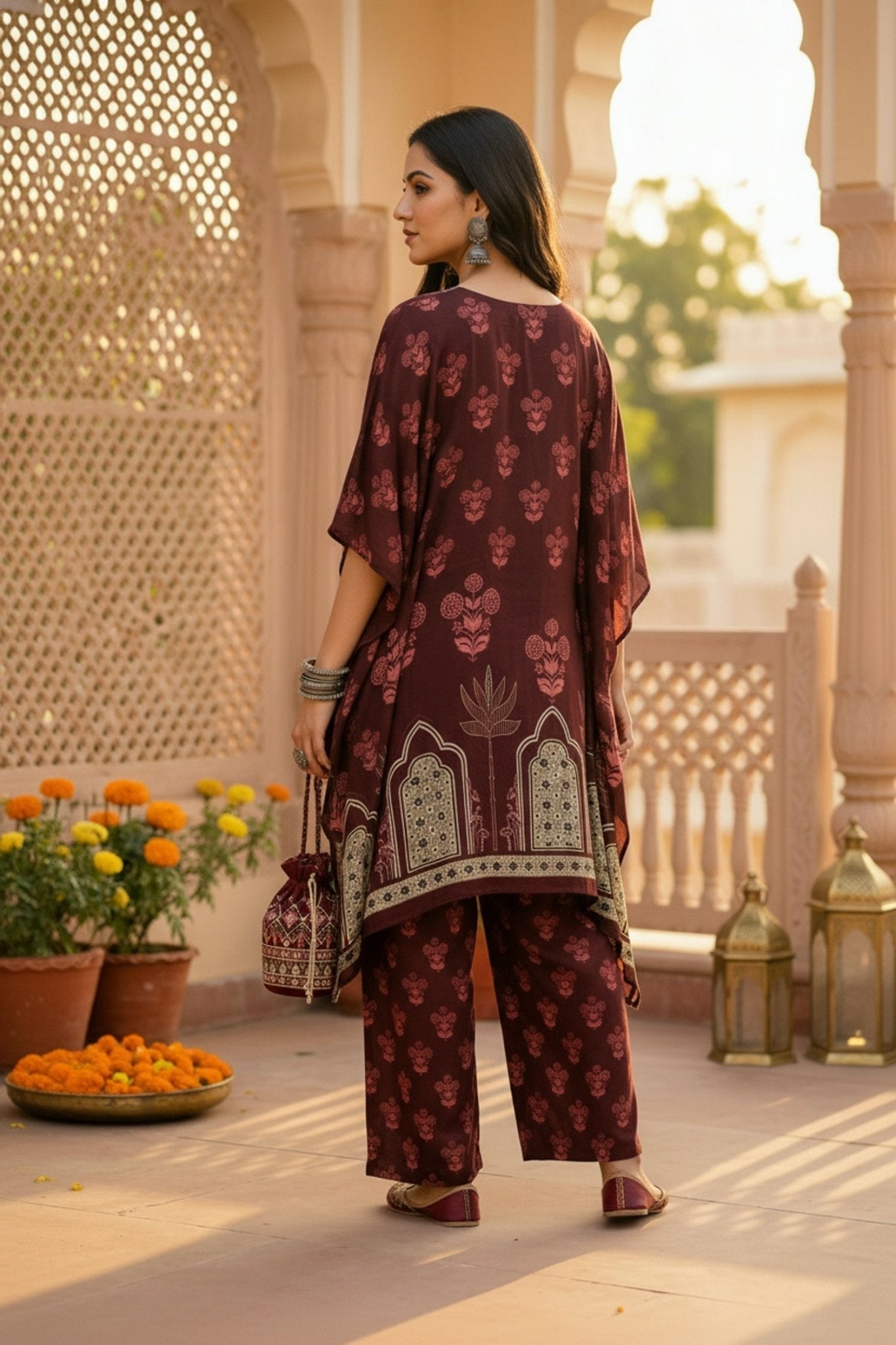 Maroon Short Kaftan with Bold Prints - Freyaa USA & Canada