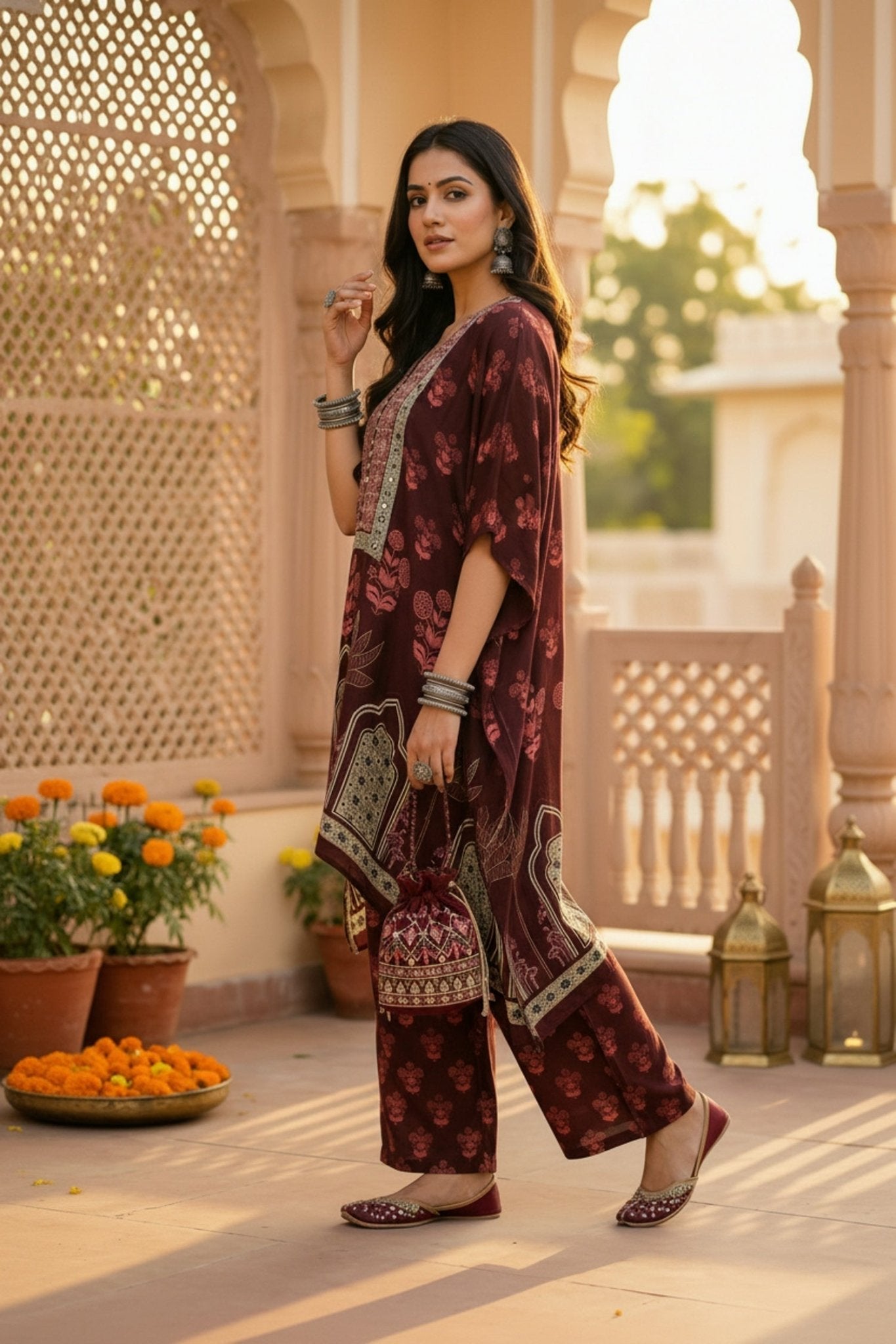 Maroon Short Kaftan with Bold Prints - Freyaa USA & Canada