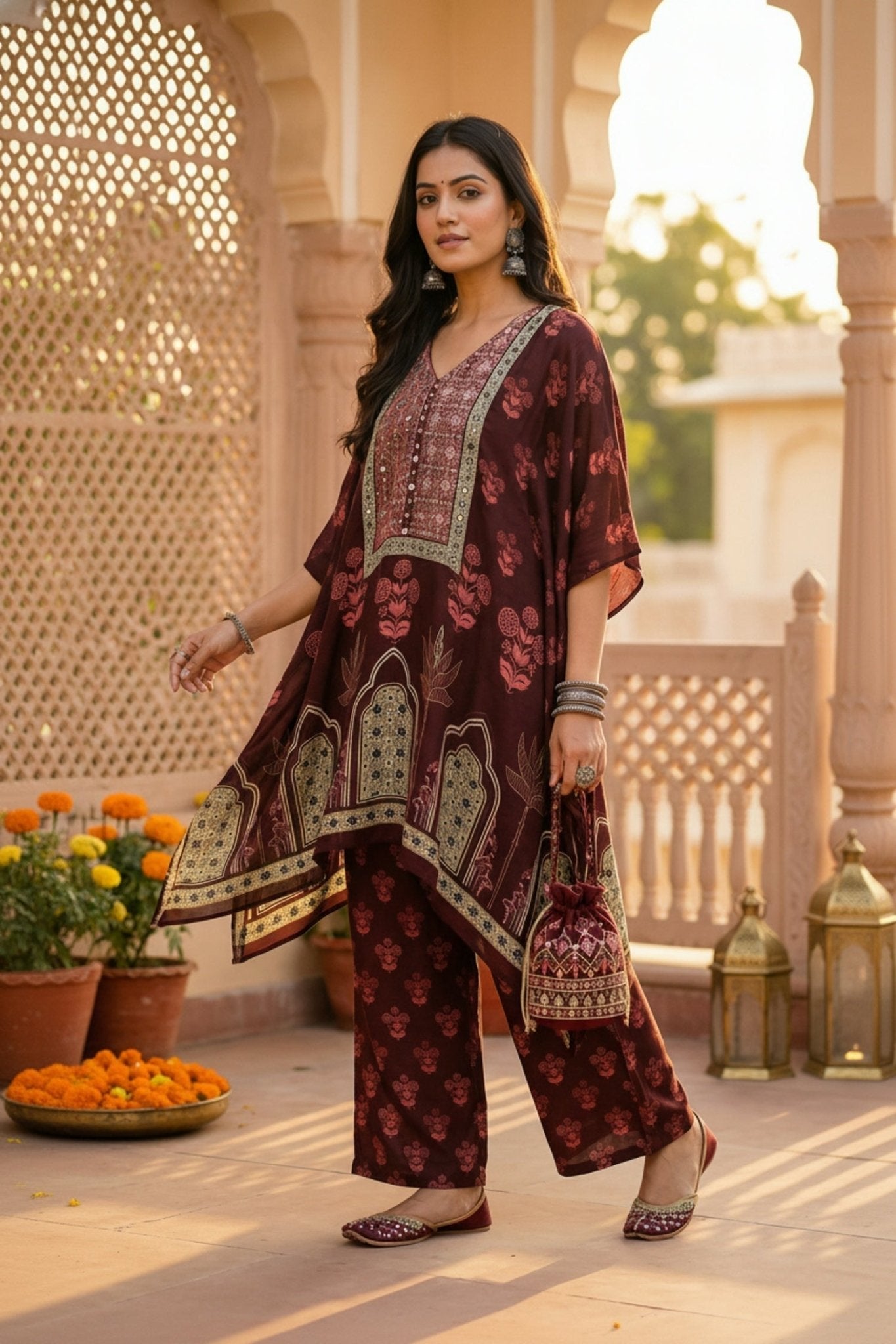 Maroon Short Kaftan with Bold Prints - Freyaa USA & Canada