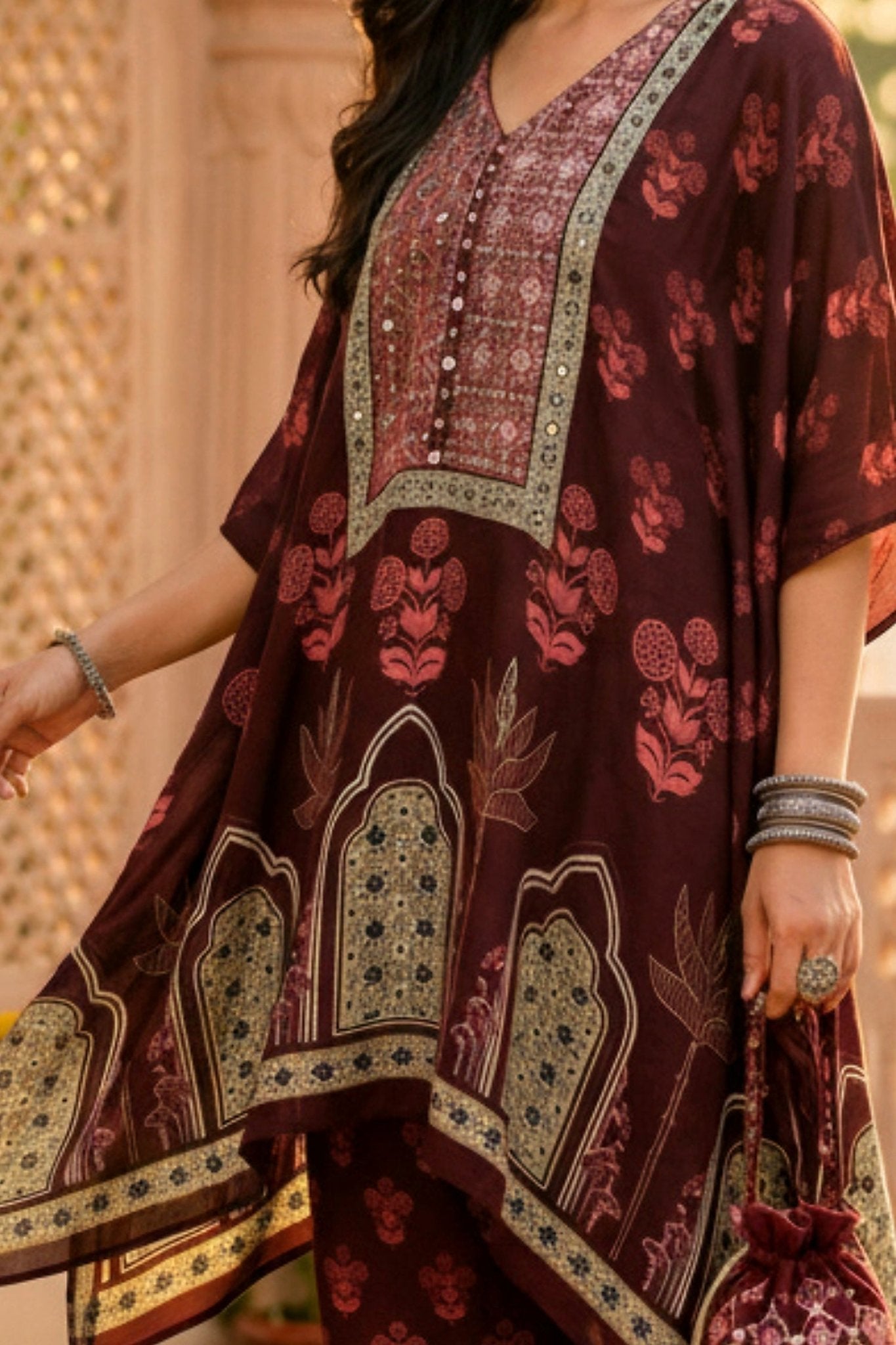Maroon Short Kaftan with Bold Prints - Freyaa USA & Canada
