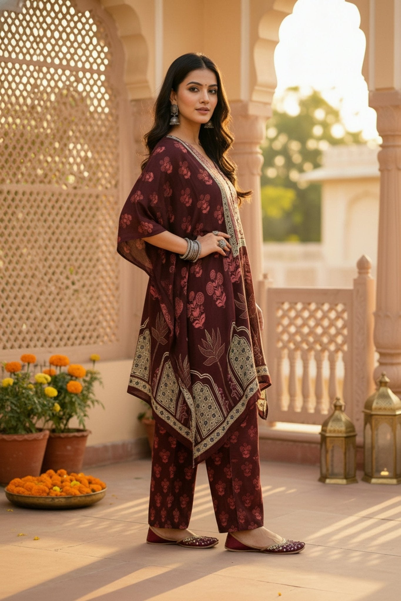 Maroon Short Kaftan with Bold Prints - Freyaa USA & Canada